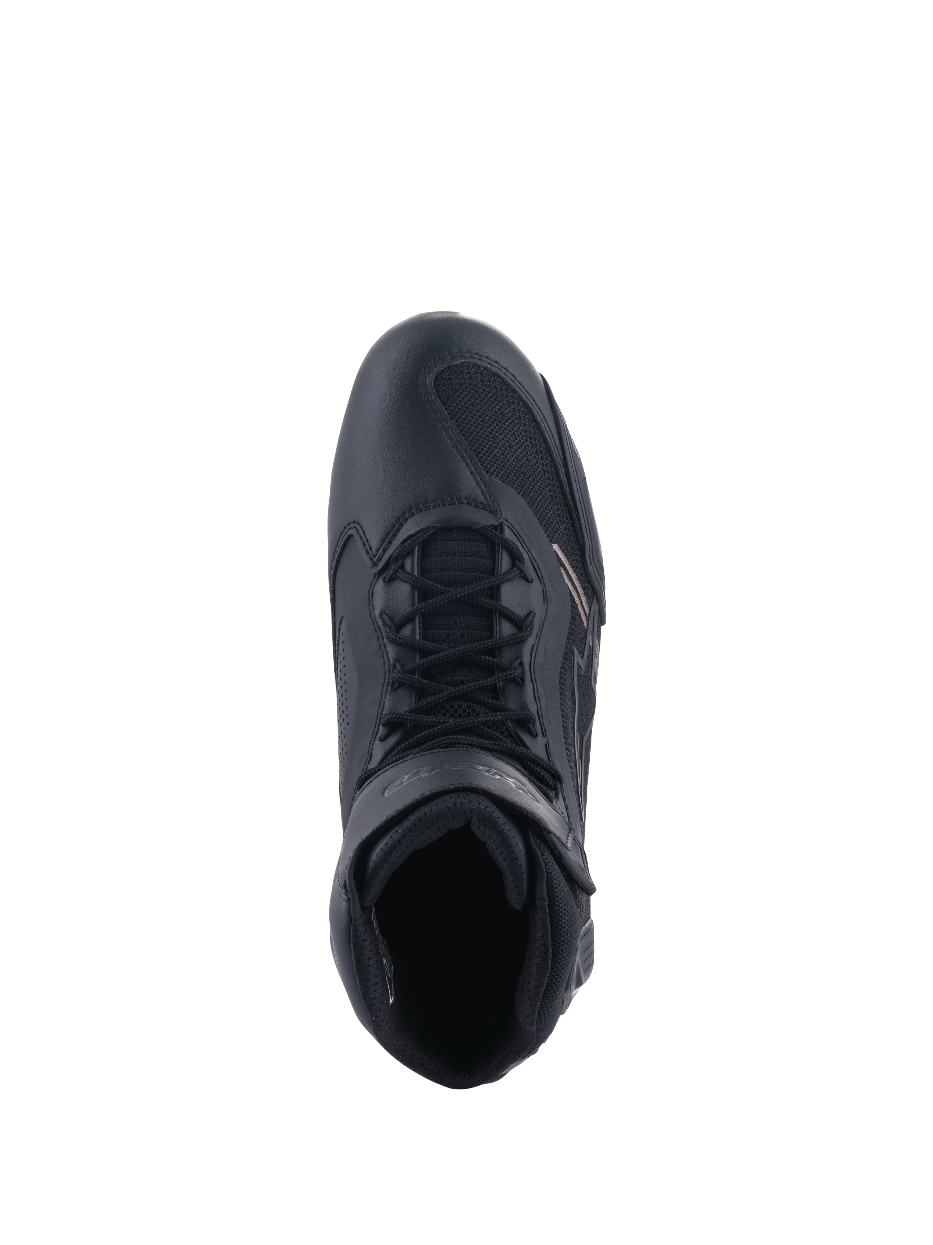 Zapatos Alpinestars Faster-3 Rideknit®, calzado para motociclismo, negros, vista superior que muestra el sistema de cordones y la correa del tobillo, con una combinación de malla transpirable y microfibra, diseño deportivo para conducción en carretera de alto rendimiento