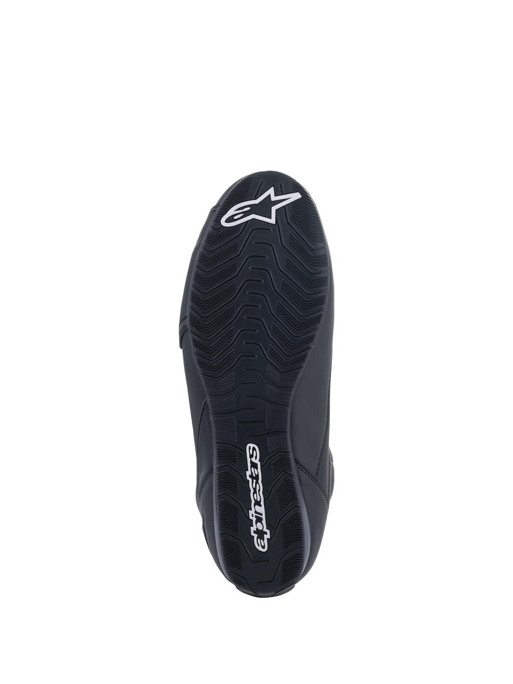 Alpinestars Faster-3 Rideknit® Shoes, calzado para motociclismo, negros, vista inferior de la suela con dibujo texturizado, nombre de Alpinestars y logotipo de la estrella en blanco, diseñados para el rendimiento en conducción de carretera