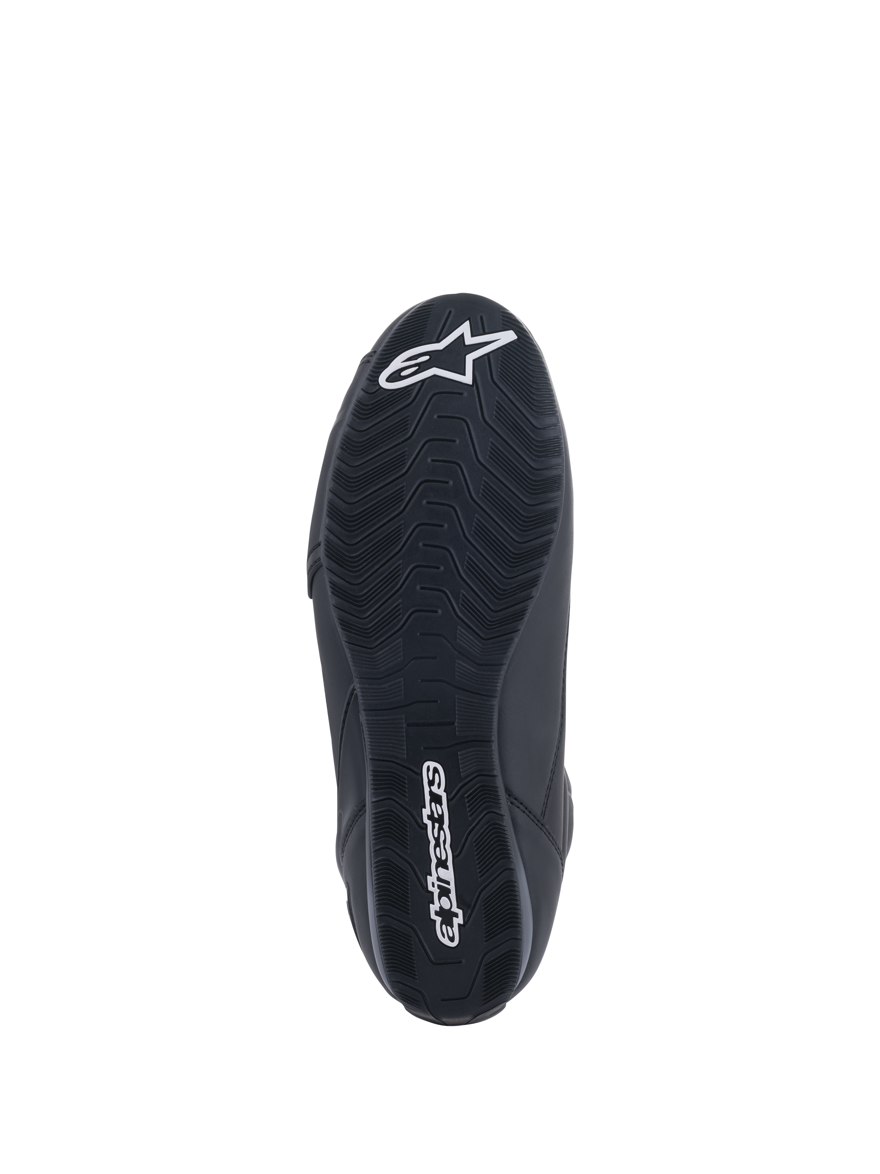 Alpinestars Faster-3 Rideknit® Shoes, calzado para motociclismo, negros, vista inferior de la suela con dibujo texturizado, nombre de Alpinestars y logotipo de la estrella en blanco, diseñados para el rendimiento en conducción de carretera