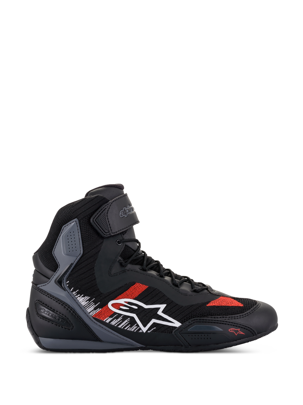 Zapatillas Alpinestars Faster-3 Rideknit, zapatillas para montar en moto, negras con detalles en gris y rojo brillante, diseño de caña alta con logotipo de estrella blanca, confección de tejido de punto transpirable, correa en el tobillo, paneles texturizados grises, suela negra y gris