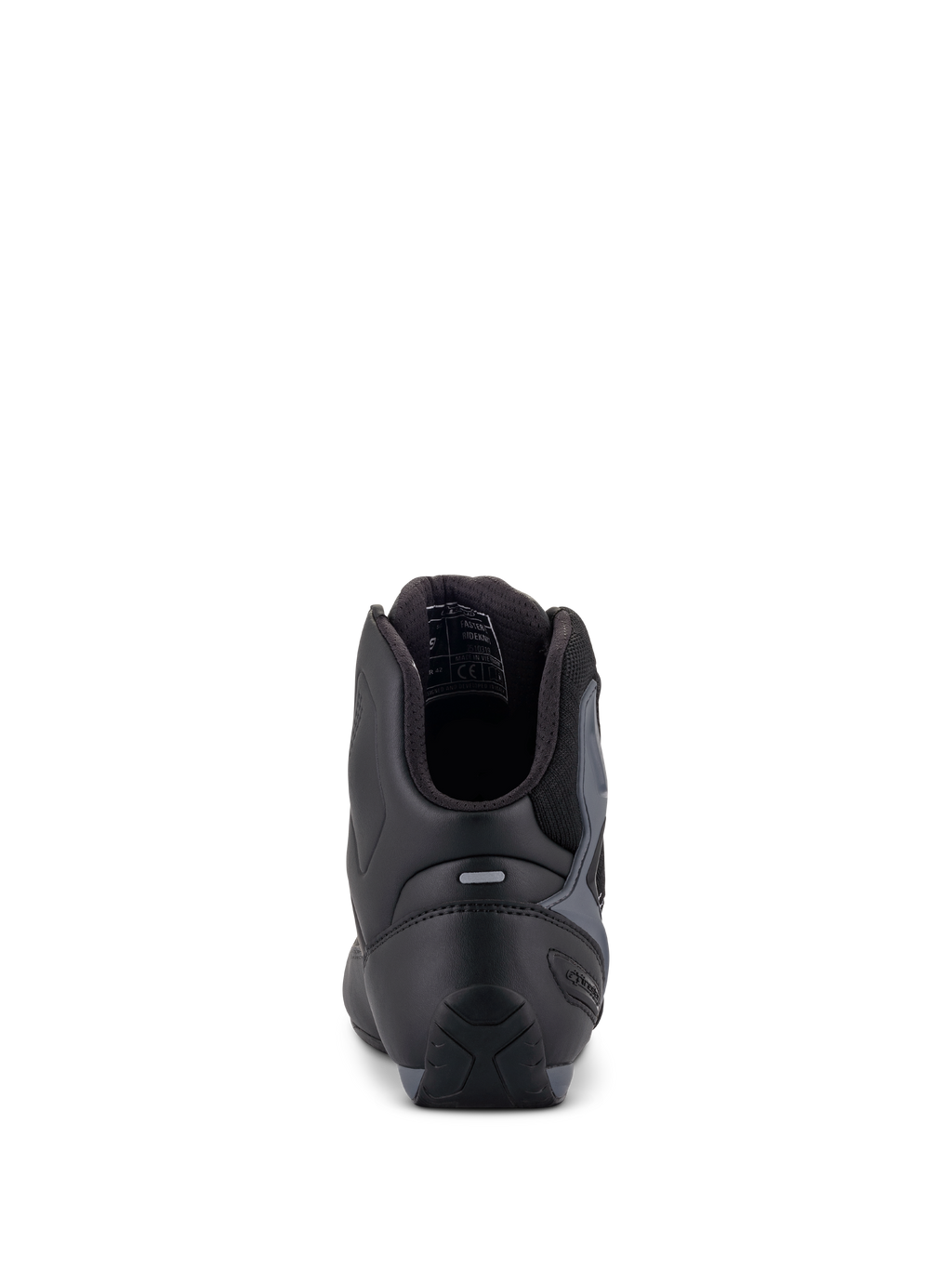 Zapatos Alpinestars Faster-3 Rideknit®, zapatos para moto, negro, gris y rojo brillante, vista trasera que muestra el contrafuerte del talón de TPR y el cuello acolchado, construcción estilizada de microfibra y tejido
