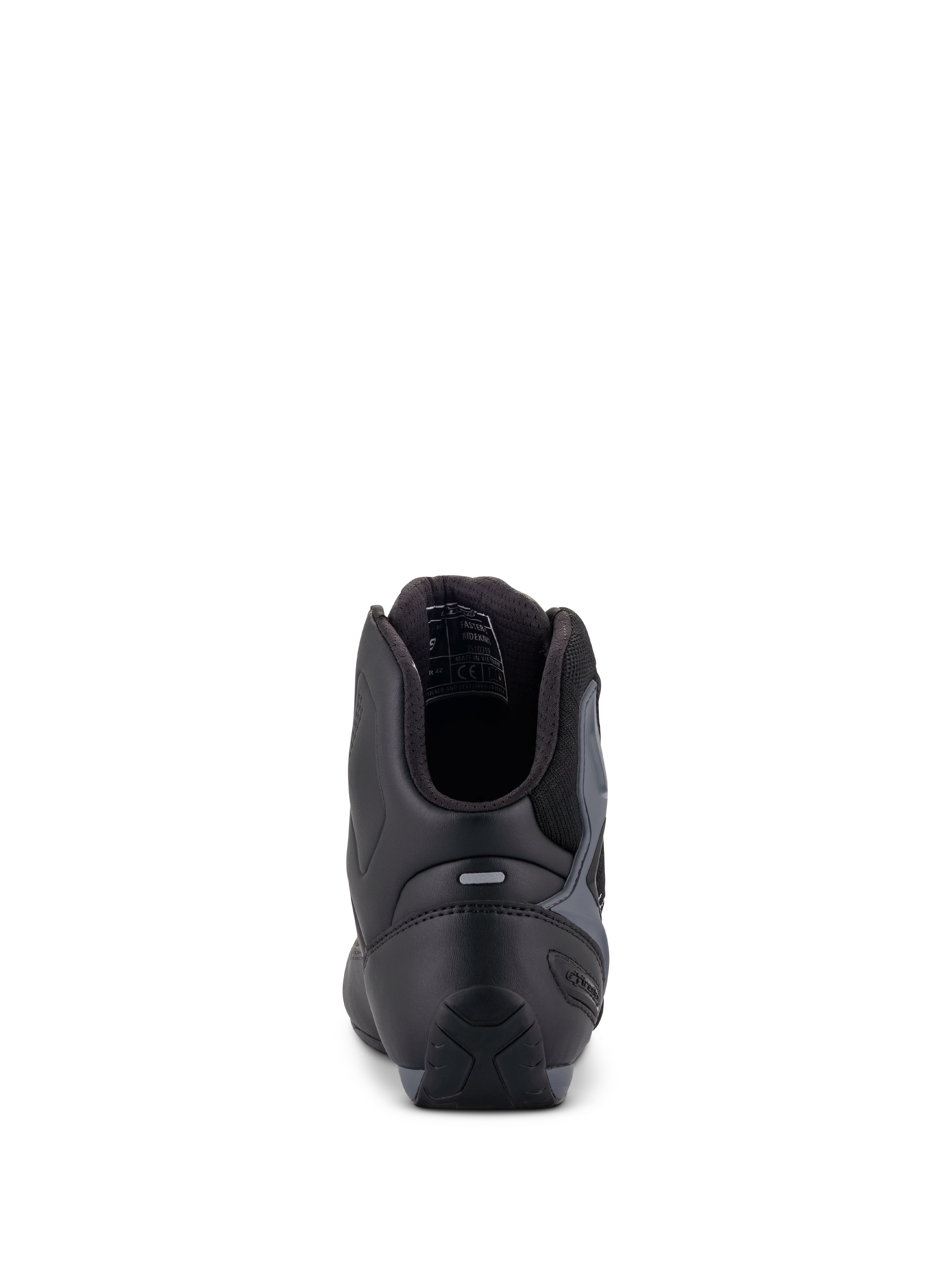 Zapatos Alpinestars Faster-3 Rideknit®, zapatos para moto, negro, gris y rojo brillante, vista trasera que muestra el contrafuerte del talón de TPR y el cuello acolchado, construcción estilizada de microfibra y tejido