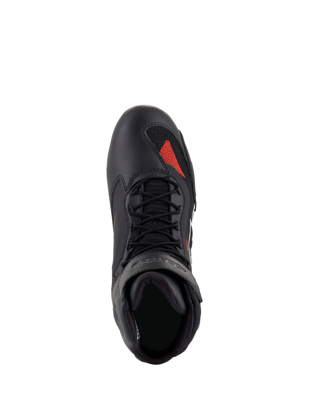 Zapatos Alpinestars Faster-3 Rideknit®, Negro Gris Rojo Brillante, vista superior, con chasis de microfibra negra y detalle de tejido de punto rojo en la puntera, cordones negros y cuello acolchado, calzado técnico para motociclismo