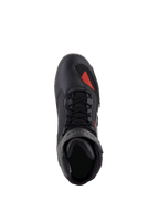 Zapatos Alpinestars Faster-3 Rideknit®, Negro Gris Rojo Brillante, vista superior, con chasis de microfibra negra y detalle de tejido de punto rojo en la puntera, cordones negros y cuello acolchado, calzado técnico para motociclismo