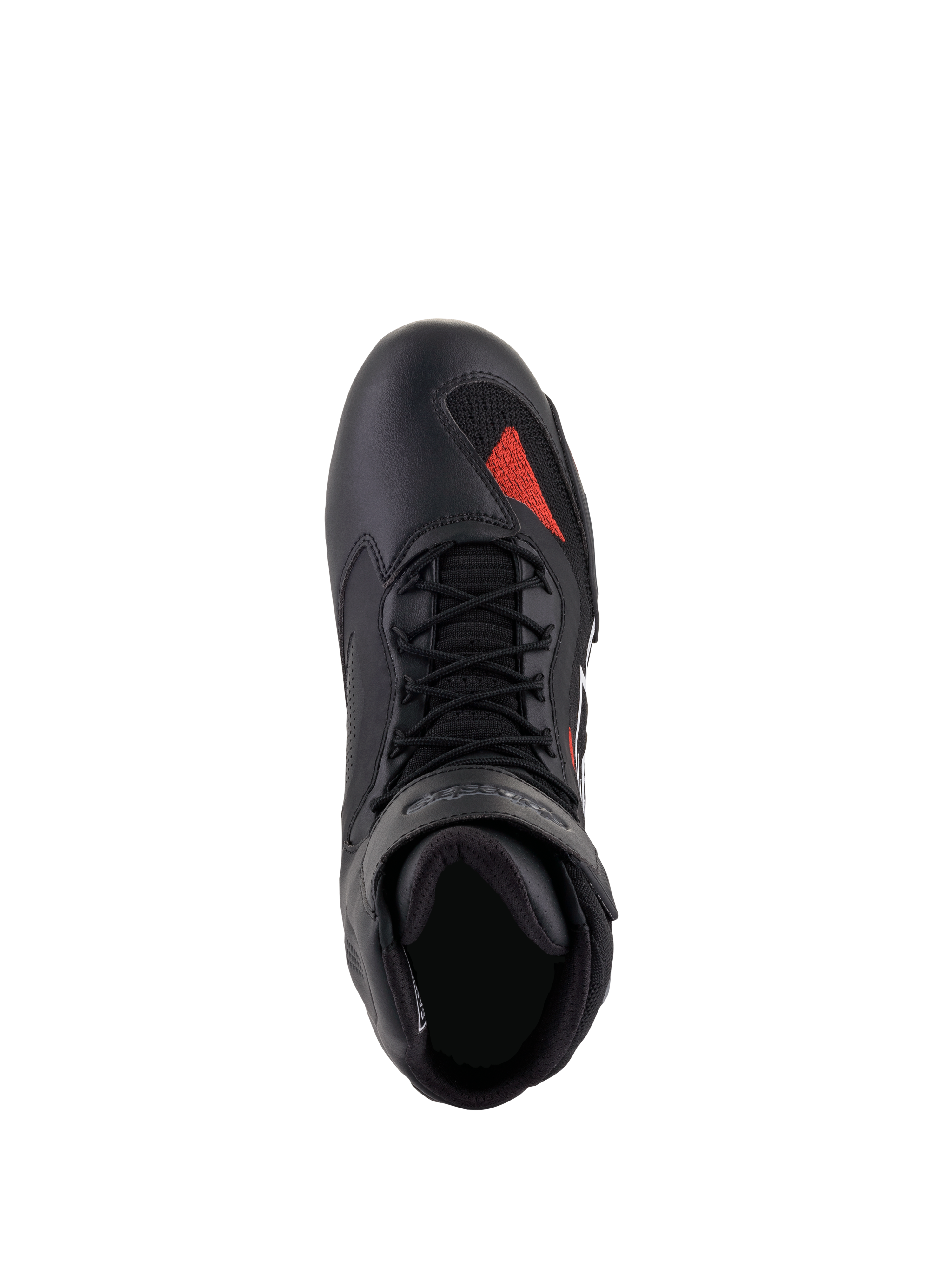 Zapatos Alpinestars Faster-3 Rideknit®, Negro Gris Rojo Brillante, vista superior, con chasis de microfibra negra y detalle de tejido de punto rojo en la puntera, cordones negros y cuello acolchado, calzado técnico para motociclismo