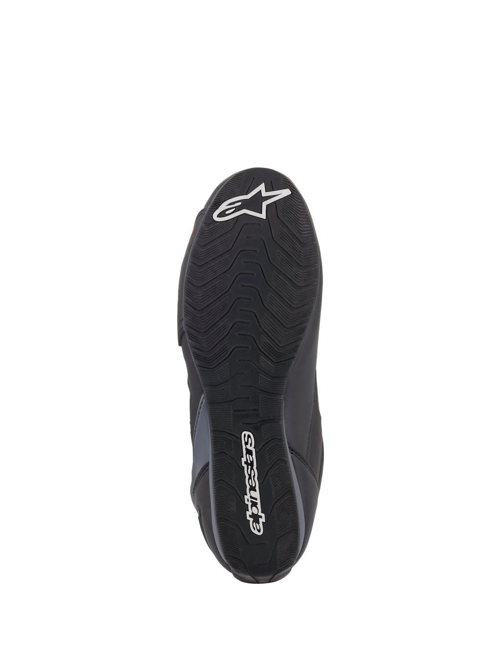 Zapatos Alpinestars Faster-3 Rideknit®, vista de la suela, suela de goma negra con patrón de tracción ondulado, con el texto de Alpinestars y el logo de la estrella en blanco, mostrando detalles de agarre para la conducción de motocicletas