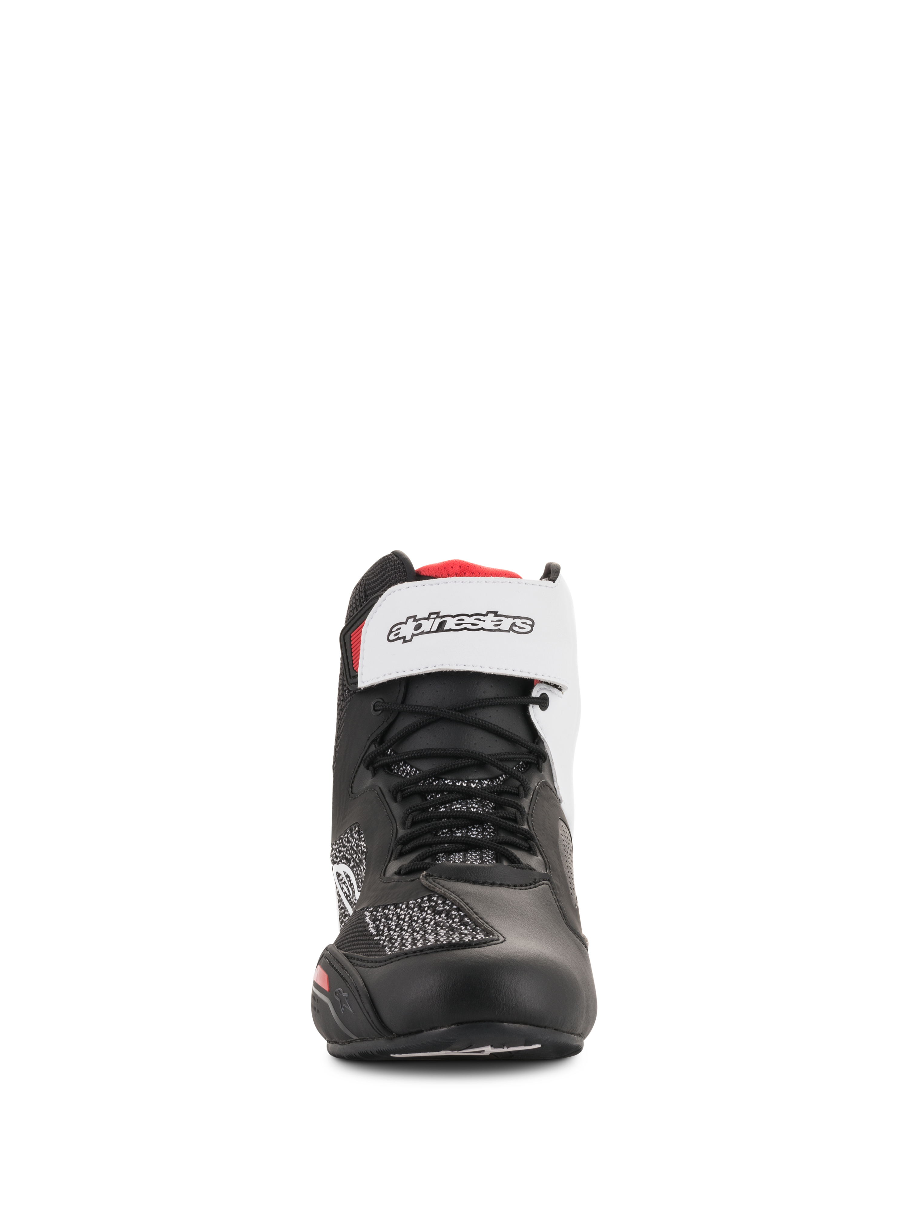Alpinestars Faster-3 Rideknit® Shoes, Black White and Red, front-facing view, featuring black laces and a white hook-and-loop ankle strap with branding, breathable mesh and microfiber upper, performance motorcycle riding footwear