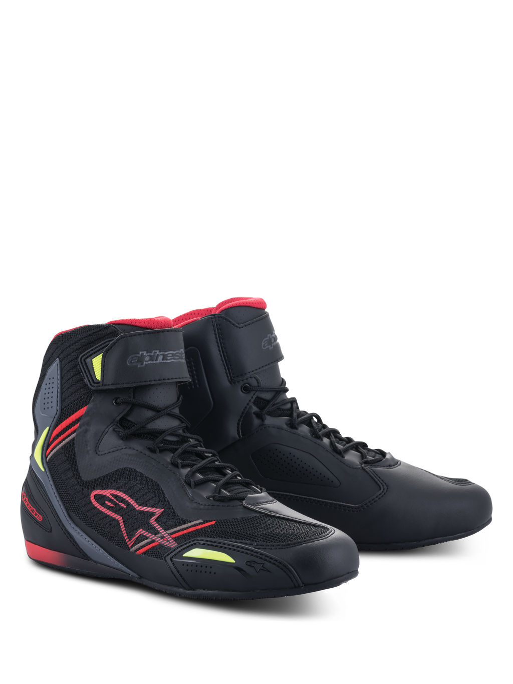 Alpinestars Faster-3 Rideknit® Shoes, Negro Rojo Amarillo Fluo, zapatillas de moto ligeras con parte superior de microfibra y malla, logotipo de Alpinestars rojo y acentos en amarillo fluorescente, perfil de caña alta con cierre de cordones y correa en el tobillo