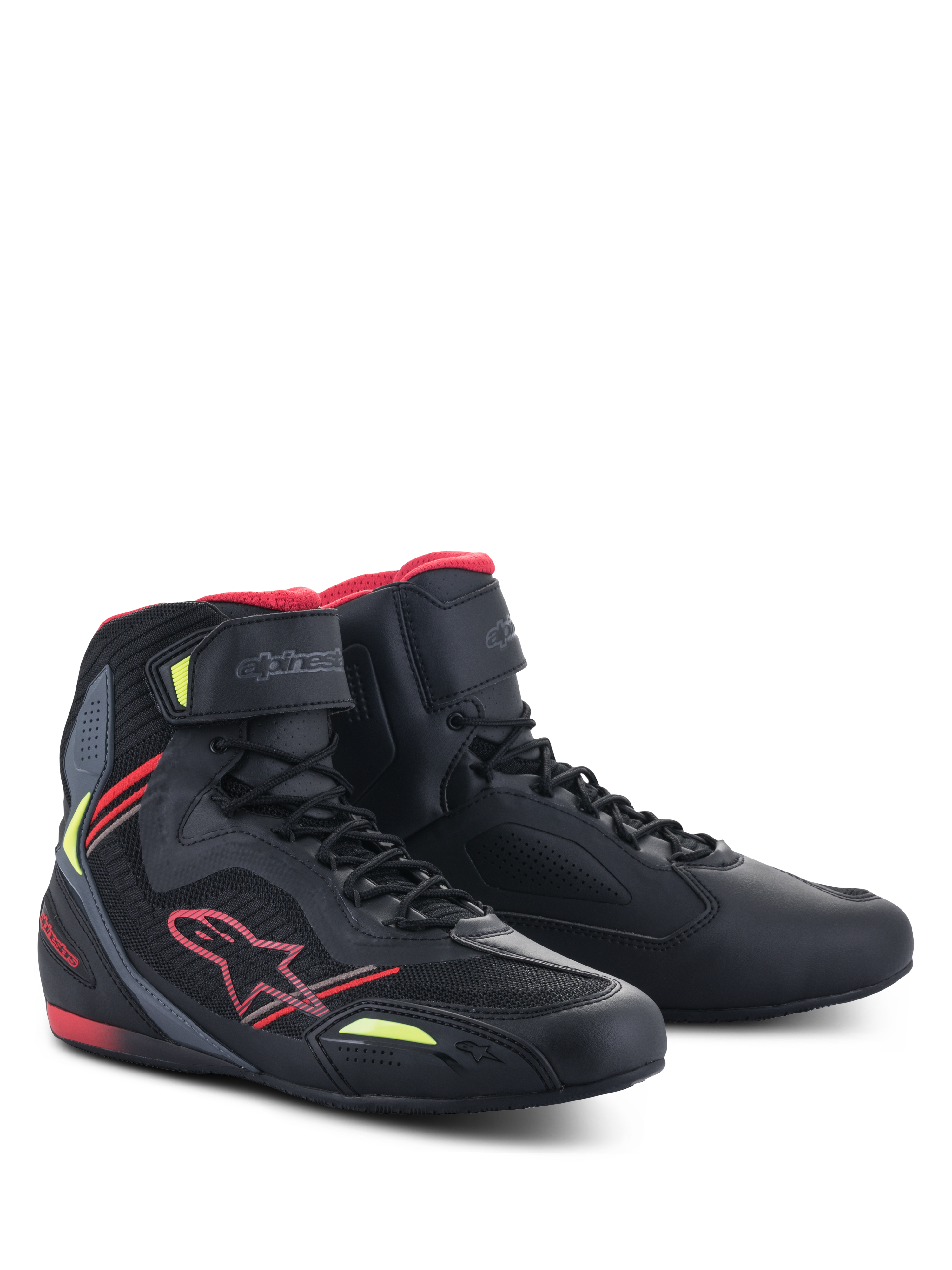 Alpinestars Faster-3 Rideknit® Shoes, Negro Rojo Amarillo Fluo, zapatillas de moto ligeras con parte superior de microfibra y malla, logotipo de Alpinestars rojo y acentos en amarillo fluorescente, perfil de caña alta con cierre de cordones y correa en el tobillo