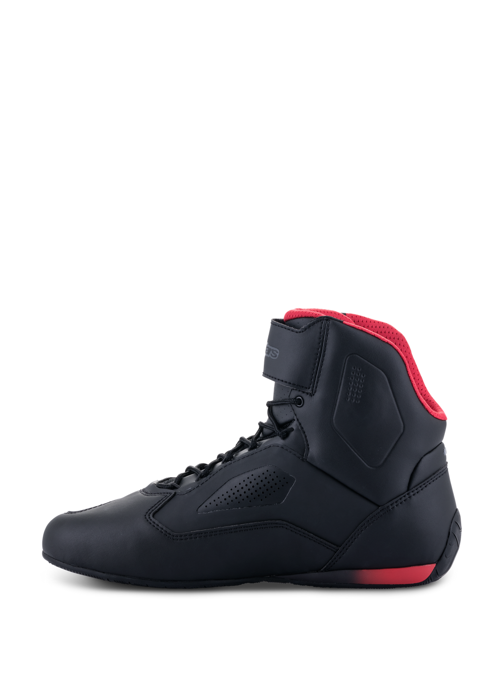 Alpinestars Faster-3 Rideknit® Shoes, zapatillas de moto, negro y rojo, vista de perfil lateral, con forro de malla roja, correa en el tobillo y chasis de microfibra perforada