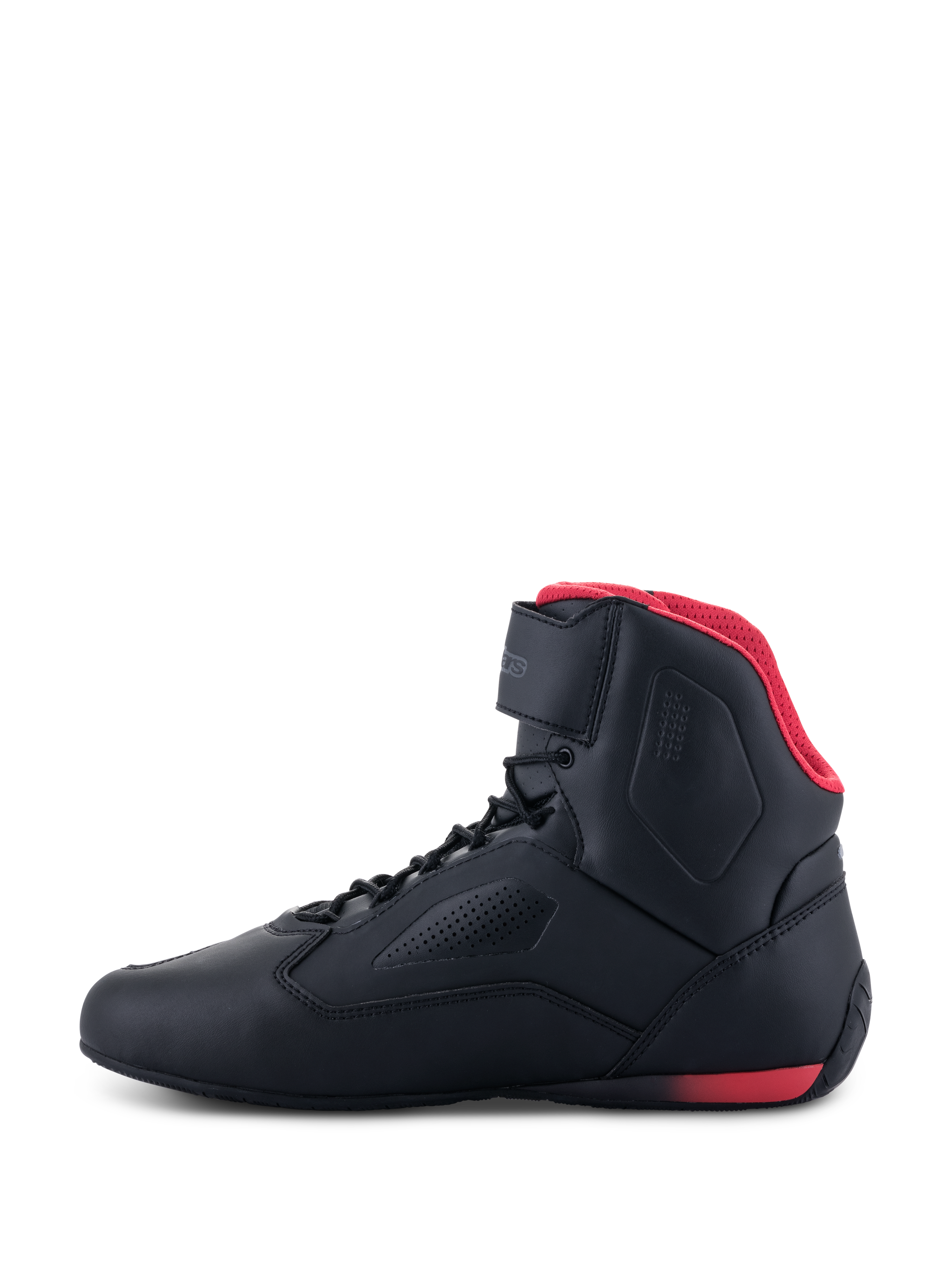 Alpinestars Faster-3 Rideknit® Shoes, zapatillas de moto, negro y rojo, vista de perfil lateral, con forro de malla roja, correa en el tobillo y chasis de microfibra perforada