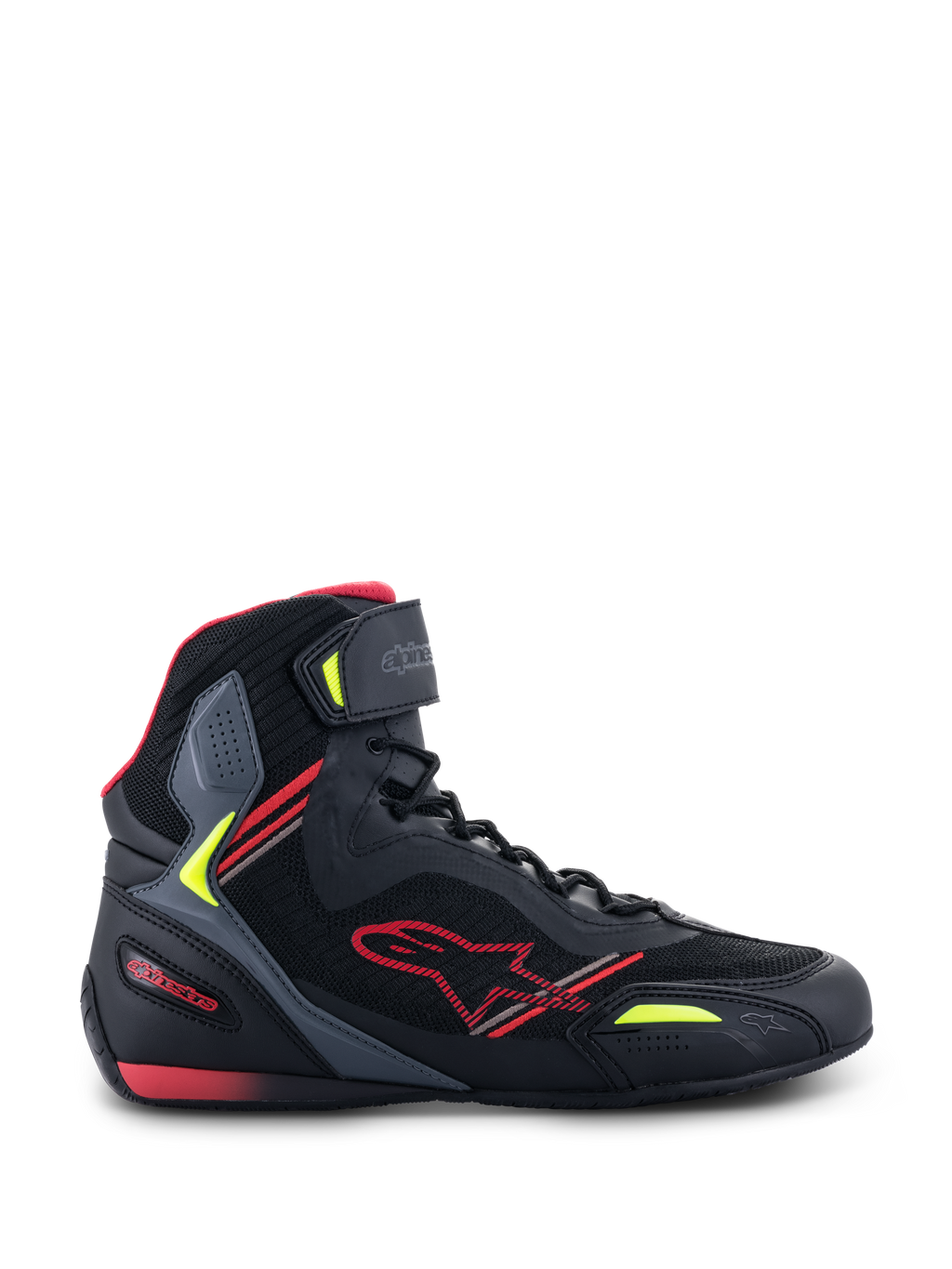 Alpinestars Faster-3 Rideknit® Shoes, zapatillas para motociclismo, negras con detalles en rojo y amarillo flúor, perfil lateral con construcción de malla transpirable y microfibra, diseño de caña alta con logo de estrella roja y correa ajustable en el tobillo