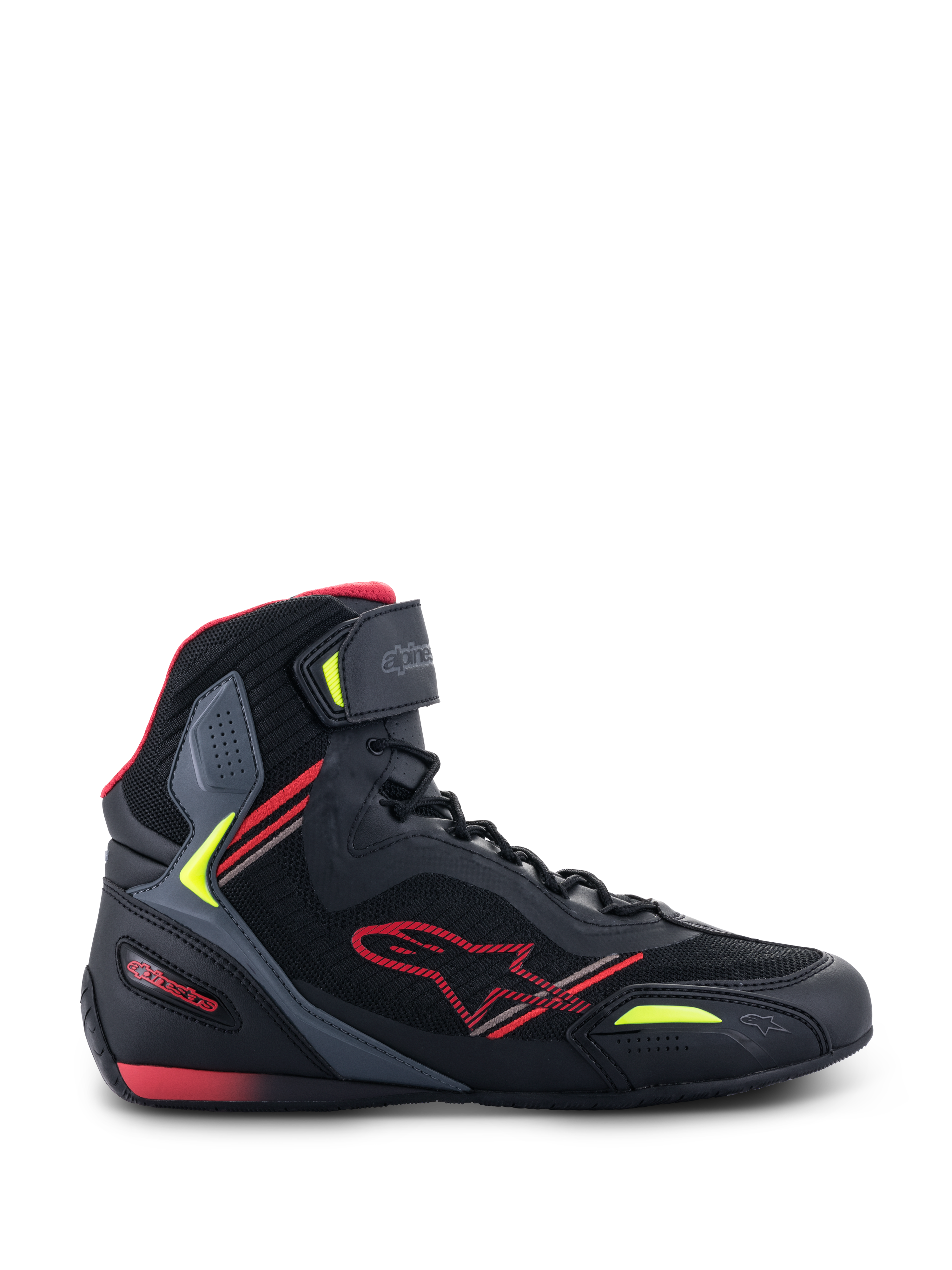Alpinestars Faster-3 Rideknit® Shoes, zapatillas para motociclismo, negras con detalles en rojo y amarillo flúor, perfil lateral con construcción de malla transpirable y microfibra, diseño de caña alta con logo de estrella roja y correa ajustable en el tobillo