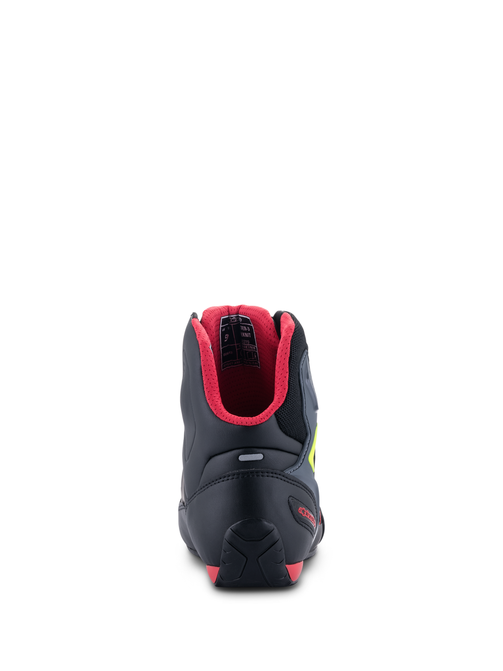 Zapatos Alpinestars Faster-3 Rideknit®, vista trasera, negros con forro interior rojo y detalles en amarillo flúor, incluye contrafuerte de talón de TPR y tira reflectante, calzado de alto rendimiento para motociclista