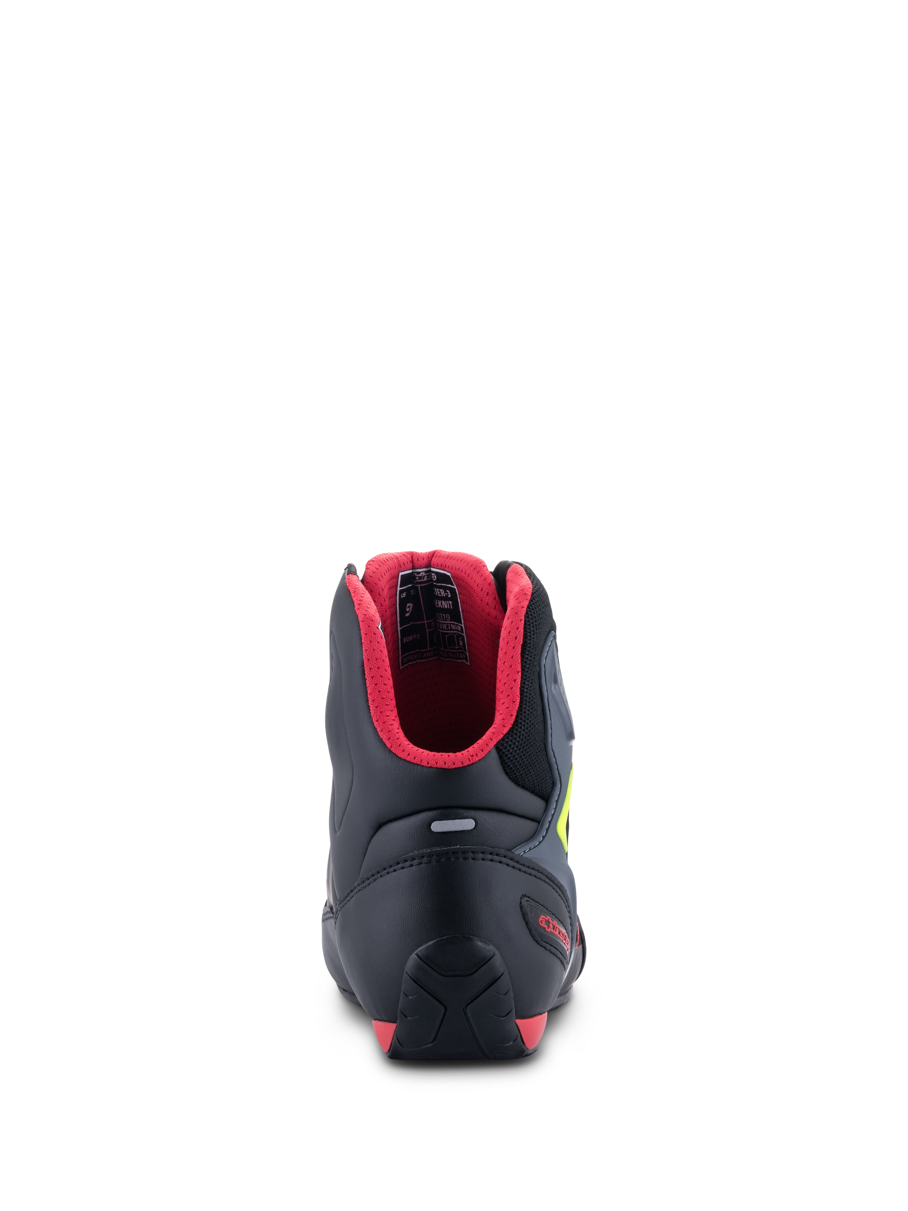 Zapatos Alpinestars Faster-3 Rideknit®, vista trasera, negros con forro interior rojo y detalles en amarillo flúor, incluye contrafuerte de talón de TPR y tira reflectante, calzado de alto rendimiento para motociclista