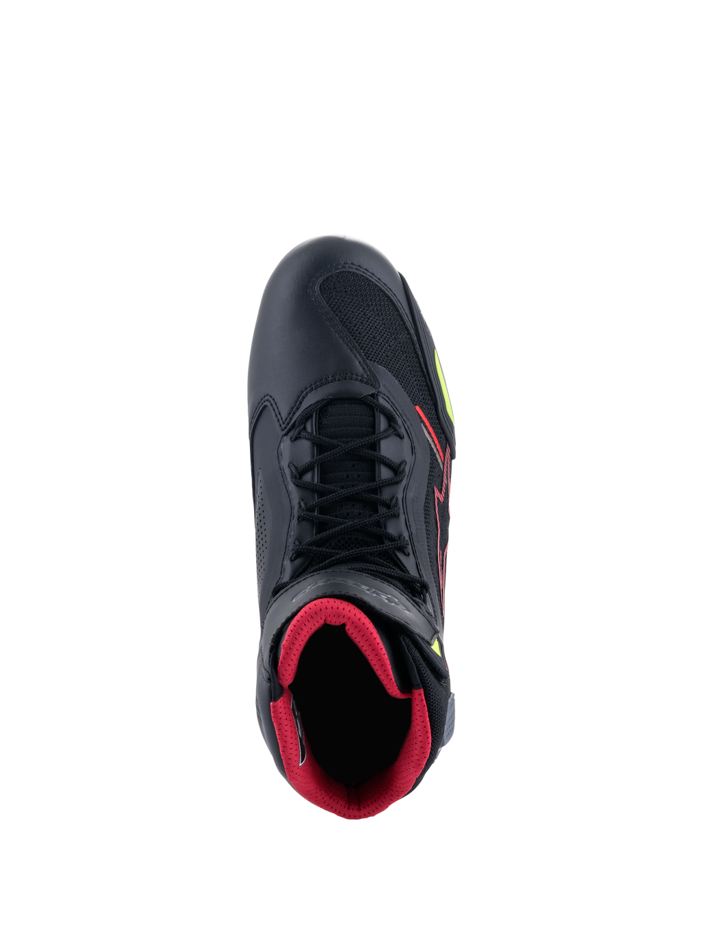 Alpinestars Faster-3 Rideknit® Shoes, vista superior de un zapato de moto negro, con forro interior rojo, cordones negros, paneles de punto transpirables y detalles en rojo y amarillo flúor, calzado ligero para conducción deportiva