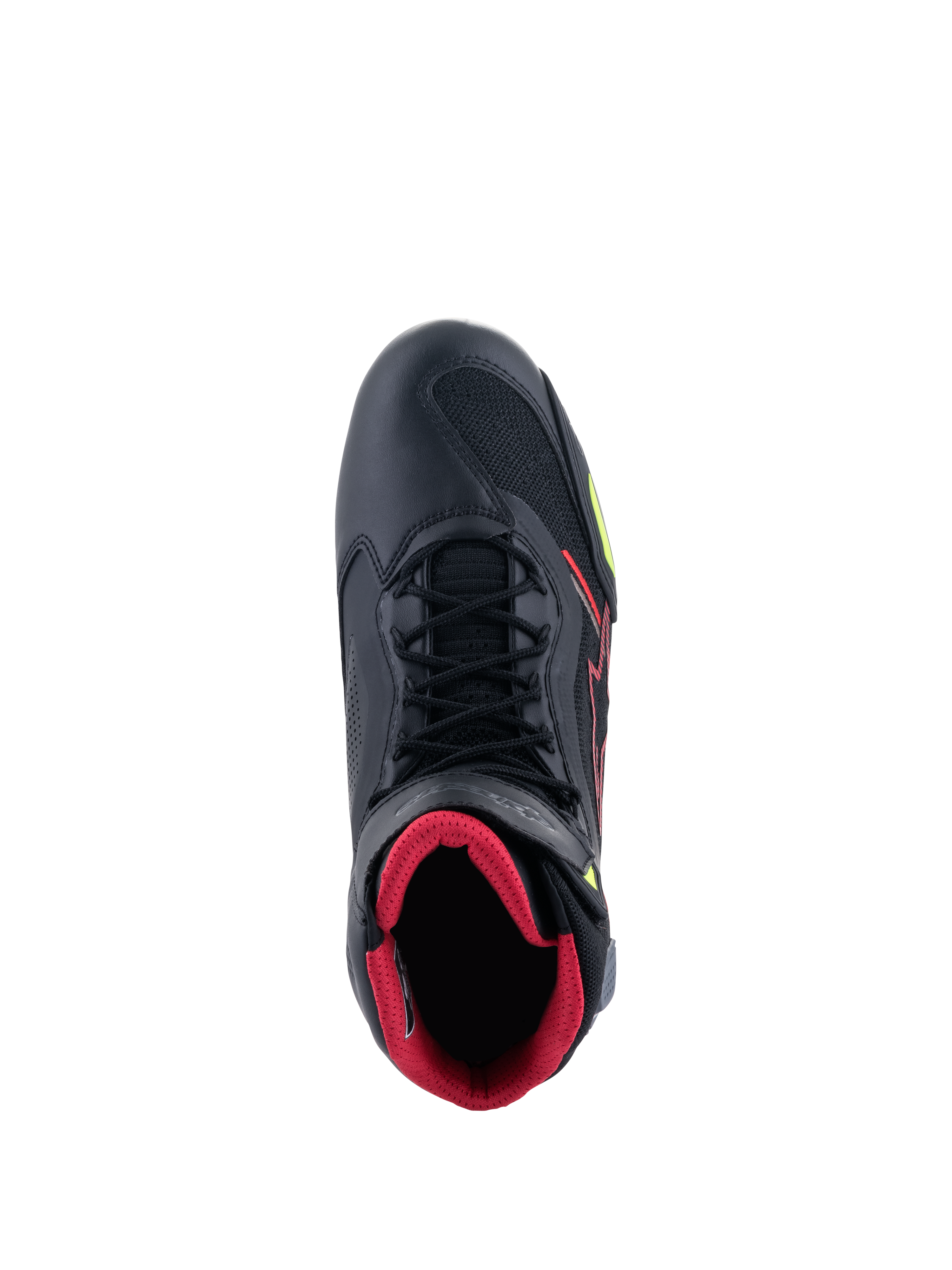 Alpinestars Faster-3 Rideknit® Shoes, vista superior de un zapato de moto negro, con forro interior rojo, cordones negros, paneles de punto transpirables y detalles en rojo y amarillo flúor, calzado ligero para conducción deportiva