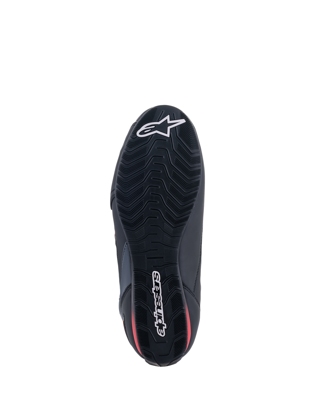 Zapatos Alpinestars Faster-3 Rideknit®, vista inferior, suela negra con detalles rojos, con un patrón de banda de rodadura texturizado para el agarre, logotipo de estrella de Alpinestars blanco en la punta y marca nominativa en el talón, calzado ligero para motociclismo