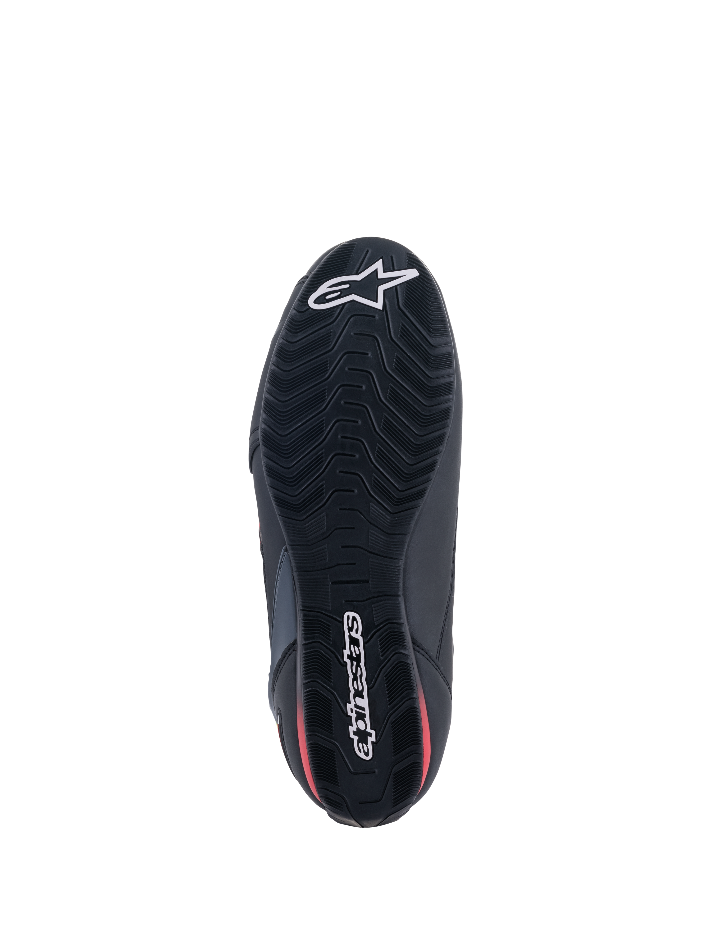 Zapatos Alpinestars Faster-3 Rideknit®, vista inferior, suela negra con detalles rojos, con un patrón de banda de rodadura texturizado para el agarre, logotipo de estrella de Alpinestars blanco en la punta y marca nominativa en el talón, calzado ligero para motociclismo