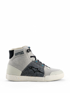 Alpinestars Circal Riding Shoes, high-top motorcycle sneaker in Gray Black Methyl Blue, light gray canvas and dark gray textured fabric panels, white rubber sole with colorful recycled specks, black Alpinestars star logo, "ALPINESTARS SINCE 1963" ankle branding, modern urban riding style