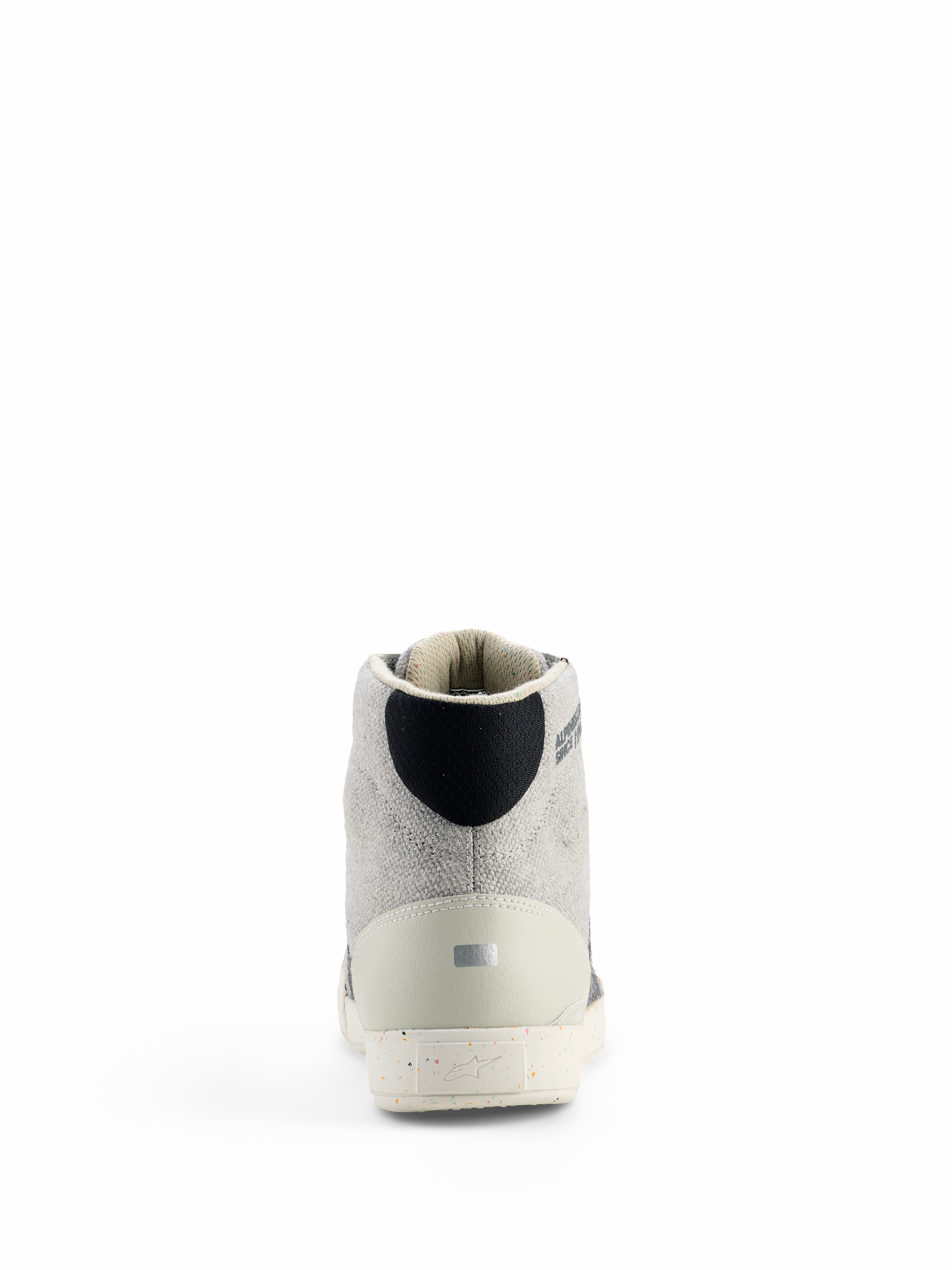 Alpinestars Circal Riding Shoes, Urban Motorcycle Footwear, Gray and Black, rear view featuring light gray canvas upper, black heel detail, reflective silver element on the heel counter, and speckled recycled rubber sole with brand logo.