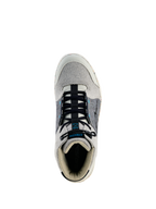 Alpinestars Circal Riding Shoes, Urban Motorcycle Shoes, Gray Black and Methyl Blue, top-down view showing black elasticated laces, light gray canvas toe box and collar, dark gray side panels with blue accents, protective and sustainable urban riding footwear