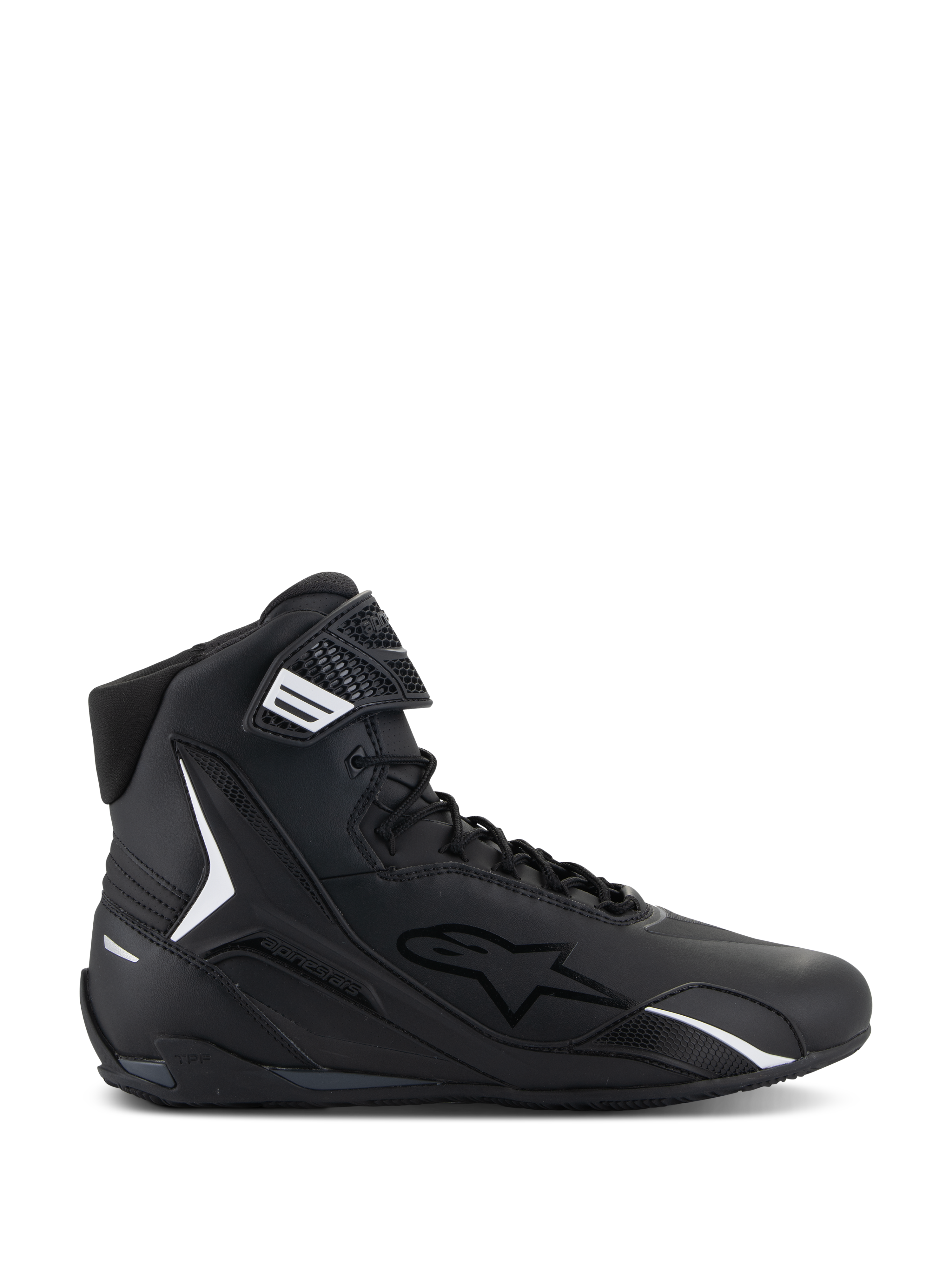 Alpinestars Faster-4 Shoes, calzado de moto de caña alta negro, perfil lateral, negro con detalles blancos, cierre de cordones y correa de gancho y bucle, diseño deportivo con cuello acolchado y protección de TPU
