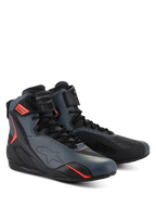 Alpinestars Faster-4 Shoes, motorcycle riding shoes, Black Gray and Red Fluo, seamless microfiber upper with protective TPU panels, lace closure with hook and loop strap, sporty aerodynamic profile for road riding