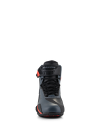 Alpinestars Faster-4 Shoes, Motorcycle Riding Shoes, Black Gray and Red Fluo, front-facing view featuring seamless microfiber upper, traditional laces, and adjustable ankle strap with Alpinestars logo
