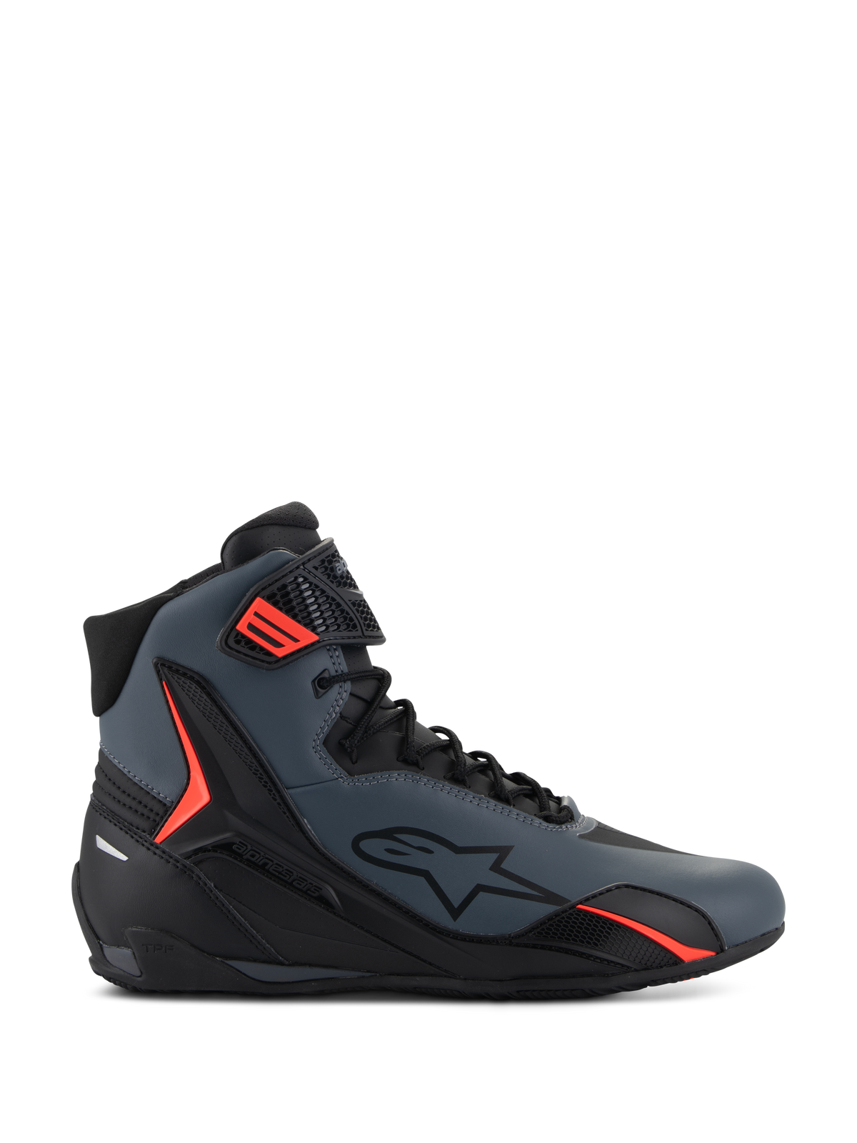 Alpinestars Faster-4 Shoes, high-top motorcycle riding shoes, dark gray and black with vibrant red accents, featuring a sleek microfiber upper, lateral star logo, and a secure lace-up system with an adjustable ankle strap.