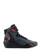 Alpinestars Faster-4 Shoes, high-top motorcycle riding shoes, dark gray and black with vibrant red accents, featuring a sleek microfiber upper, lateral star logo, and a secure lace-up system with an adjustable ankle strap.