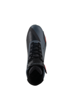 Alpinestars Faster-4 Shoes, Motorcycle Riding Shoes, Black Gray and Red Fluo, top-down view highlighting the lace-up closure and ankle strap, technical microfiber upper with seamless panels, sporty design for performance road riding.