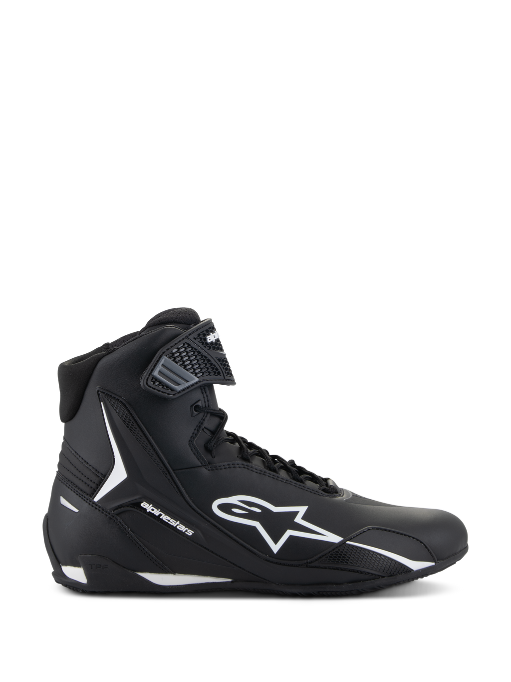 Alpinestars Faster-4 Shoes, zapatillas de motociclismo en negro y blanco, vista lateral de diseño de caña alta con logo de estrella blanco, correa de tobillo texturizada, cierre de cordones, parte superior de microfibra elegante y calzado de alto rendimiento inspirado en la competición