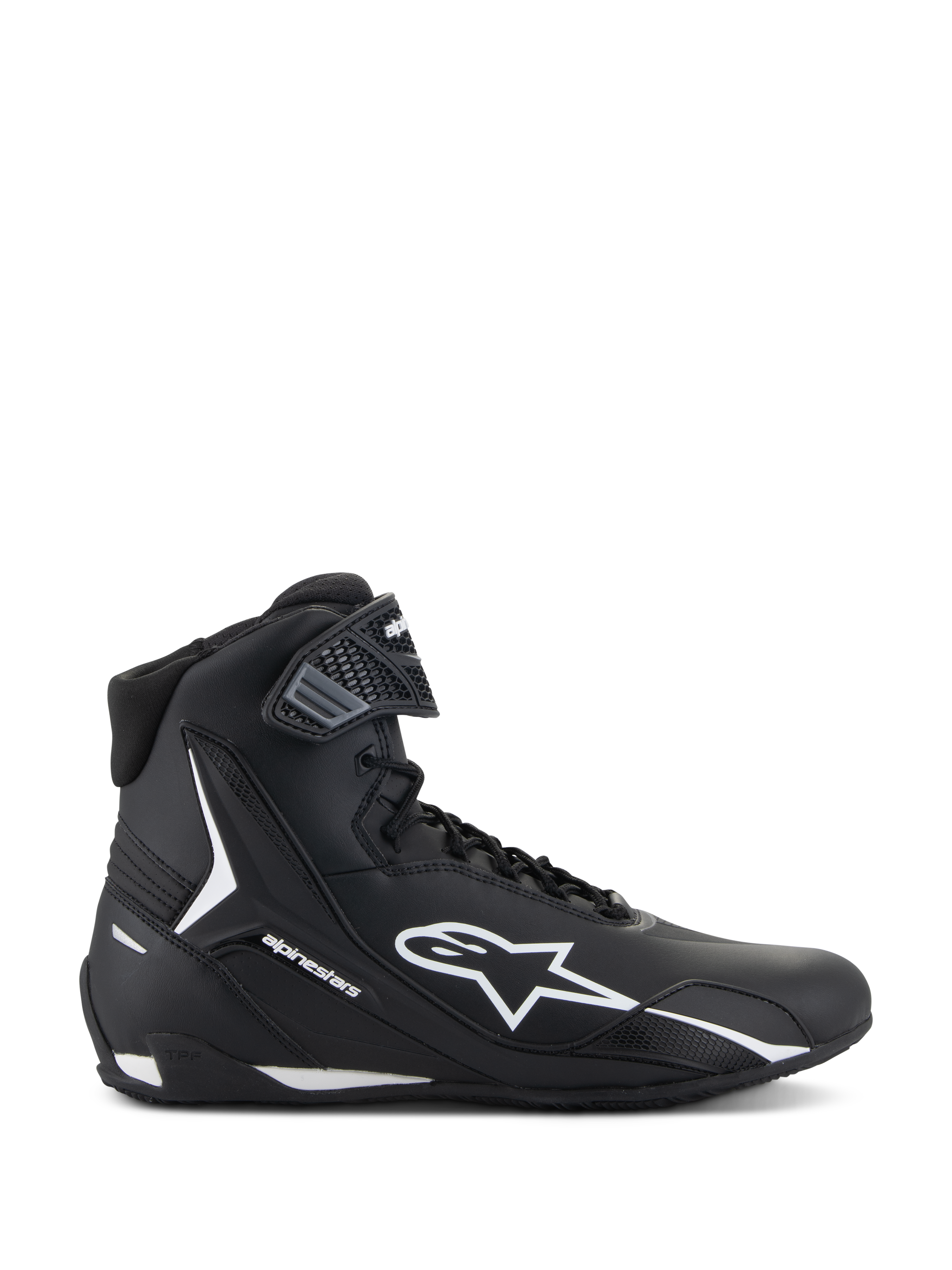 Alpinestars Faster-4 Shoes, zapatillas de motociclismo en negro y blanco, vista lateral de diseño de caña alta con logo de estrella blanco, correa de tobillo texturizada, cierre de cordones, parte superior de microfibra elegante y calzado de alto rendimiento inspirado en la competición