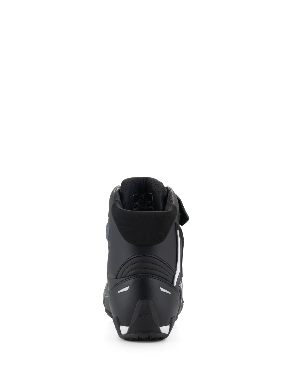 Zapatos Alpinestars Faster-4, calzado para motociclismo, negros, vista trasera con contrafuerte de talón de TPR, cuello textil suave y detalles blancos en el talón y la suela, calzado protector de alto rendimiento