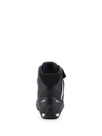 Zapatos Alpinestars Faster-4, calzado para motociclismo, negros, vista trasera con contrafuerte de talón de TPR, cuello textil suave y detalles blancos en el talón y la suela, calzado protector de alto rendimiento