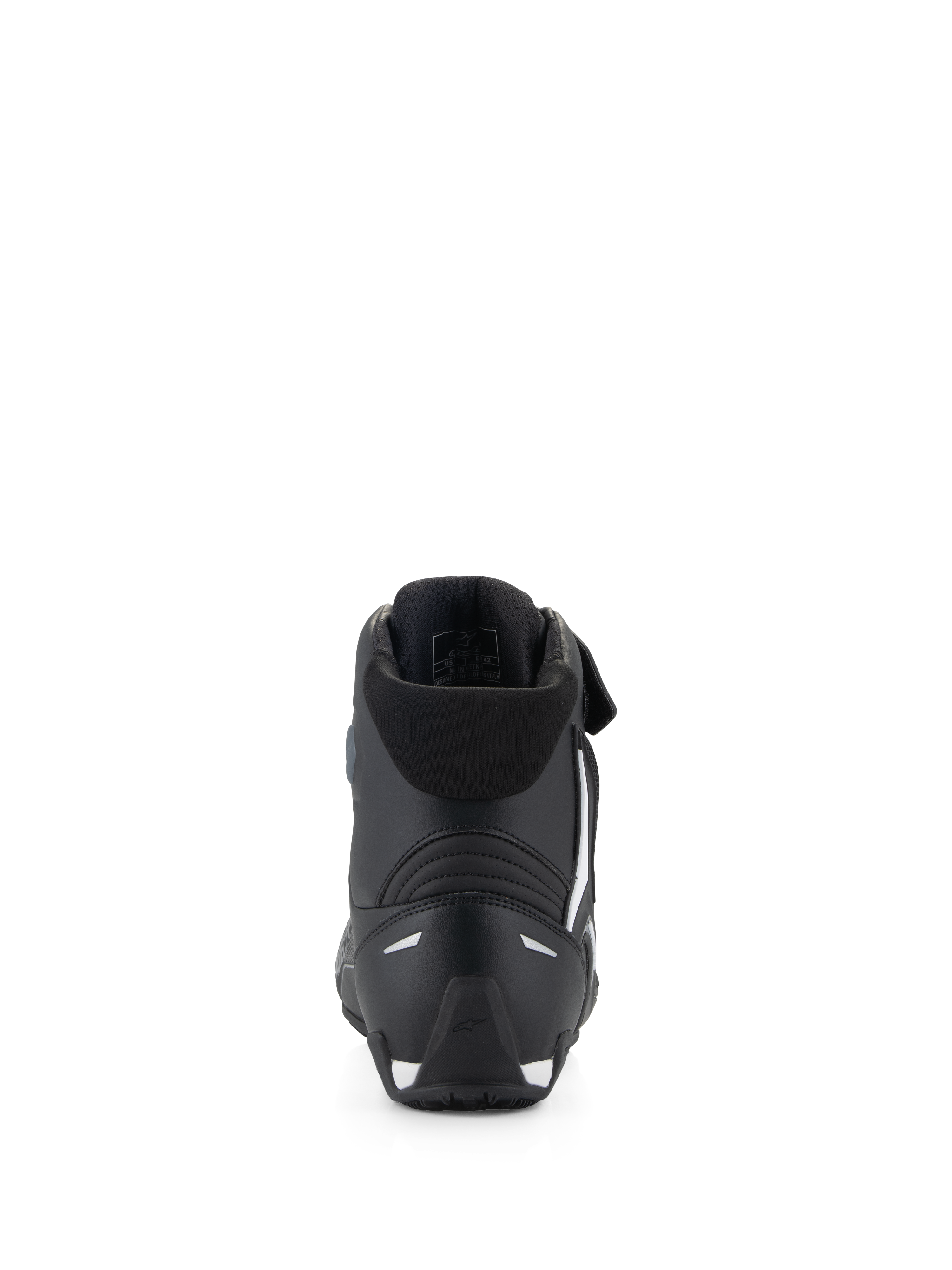 Zapatos Alpinestars Faster-4, calzado para motociclismo, negros, vista trasera con contrafuerte de talón de TPR, cuello textil suave y detalles blancos en el talón y la suela, calzado protector de alto rendimiento