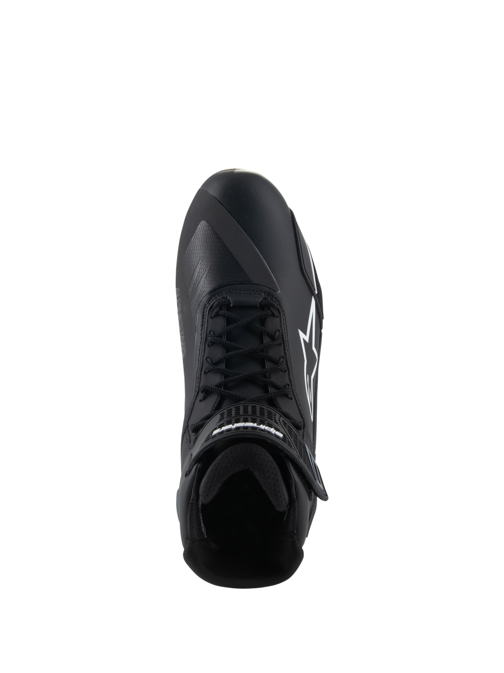 Alpinestars Faster-4 Shoes, zapatos para moto, negro y blanco, vista desde arriba que muestra el cierre de cordones, correa de velcro en el tobillo y el logotipo blanco de Alpinestars en el lateral