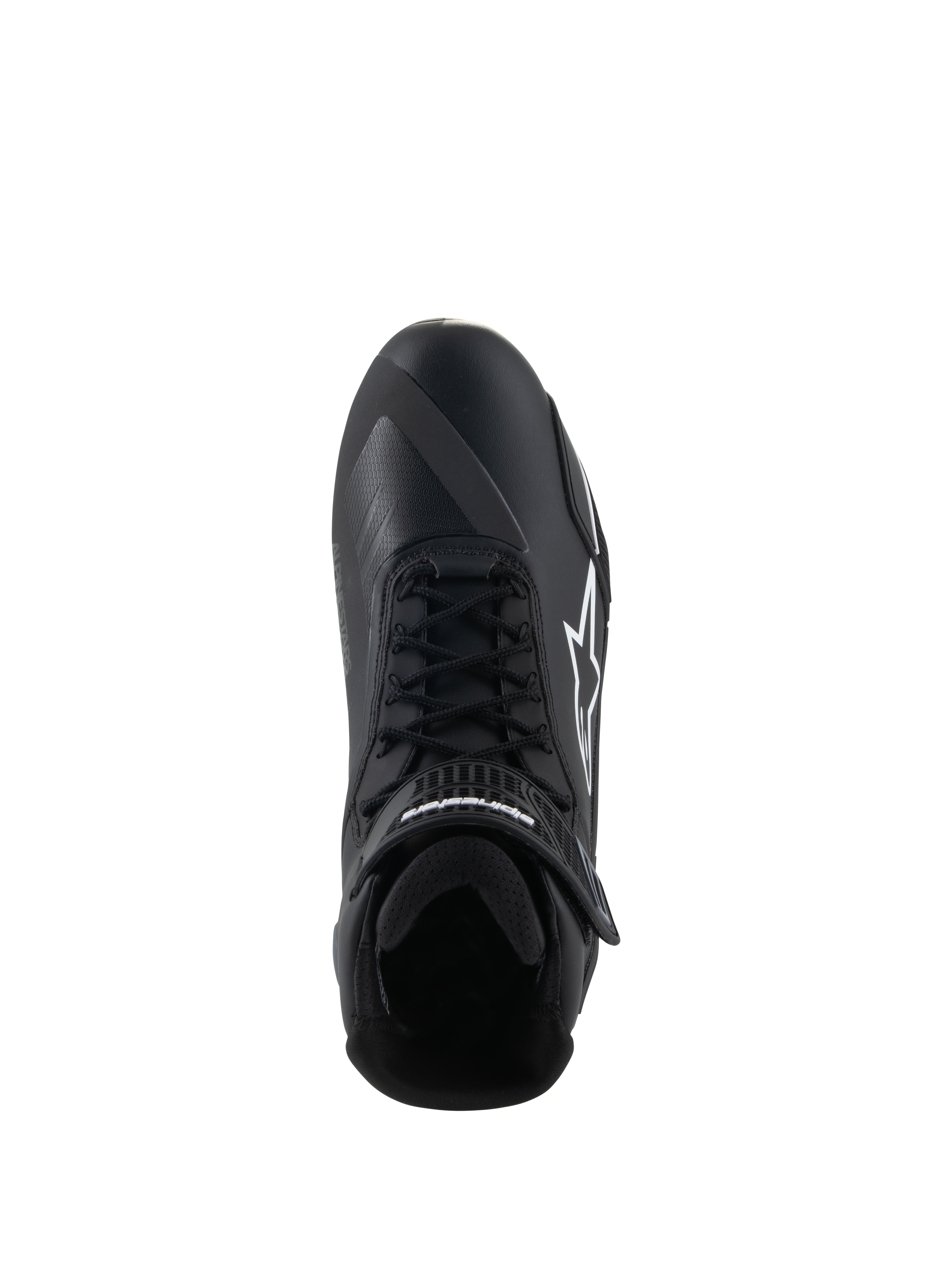 Alpinestars Faster-4 Shoes, zapatos para moto, negro y blanco, vista desde arriba que muestra el cierre de cordones, correa de velcro en el tobillo y el logotipo blanco de Alpinestars en el lateral