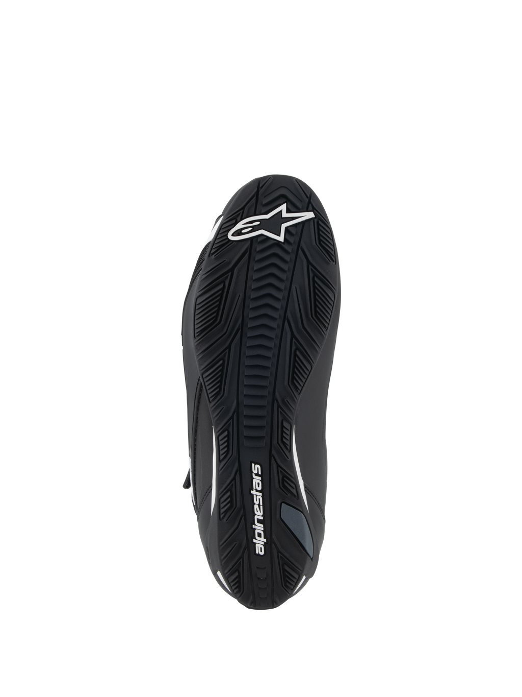 Alpinestars Faster-4 Shoes, calzado para motociclista, negro y blanco, vista de la suela de goma texturizada, con el logotipo de la estrella de Alpinestars en blanco en la puntera y el nombre de la marca en el arco, suela con agarre optimizado para rendimiento en carretera