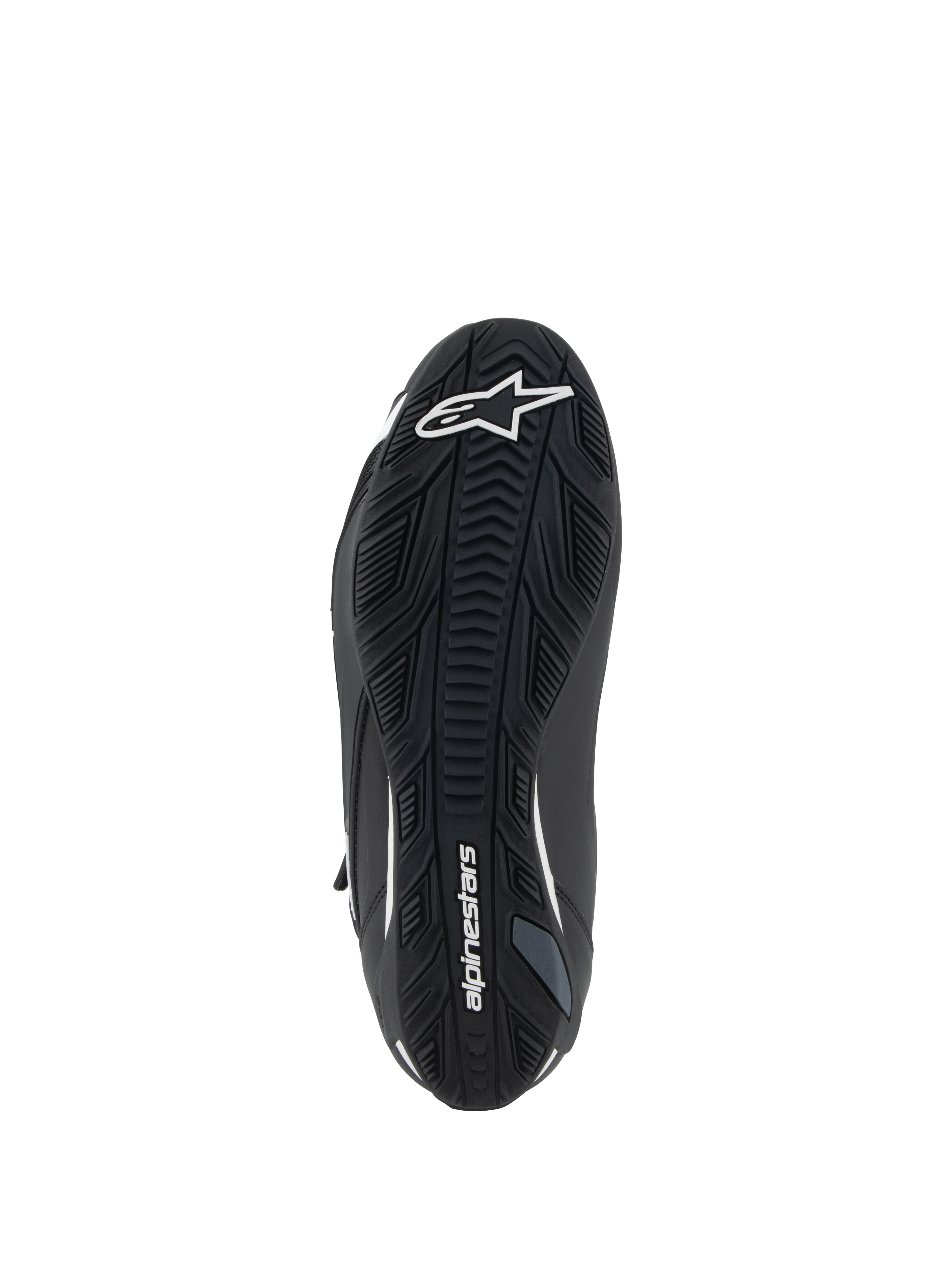 Alpinestars Faster-4 Shoes, calzado para motociclista, negro y blanco, vista de la suela de goma texturizada, con el logotipo de la estrella de Alpinestars en blanco en la puntera y el nombre de la marca en el arco, suela con agarre optimizado para rendimiento en carretera