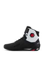 Alpinestars Faster-4 Shoes, Motorcycle Riding Shoes, Black White and Red, side profile view featuring a black microfiber upper with a white ankle panel, red hexagonal protector, lace-up closure with a top strap, and 'Alpinestars Protects' branding.