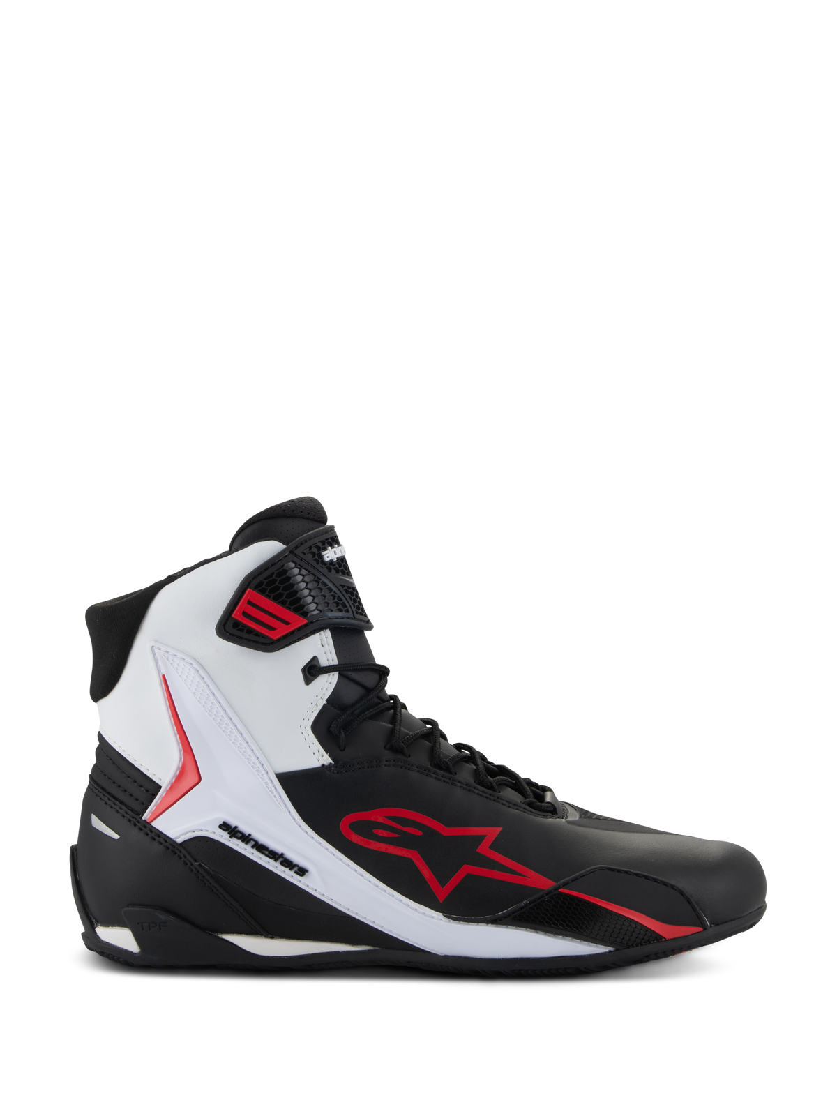 Zapatillas Alpinestars Faster-4, calzado de moto de caña alta, negro, blanco y rojo, con un gran logotipo de estrella roja, panel lateral blanco con la marca Alpinestars y diseño deportivo para carretera