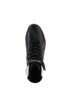 Alpinestars Faster-4 Shoes, Motorcycle Riding Shoes, Black White Red, top-down view featuring black laces and velcro ankle strap, red Alpinestars star logo on lateral side, white accents at the heel, asymmetric toe design for shifting.