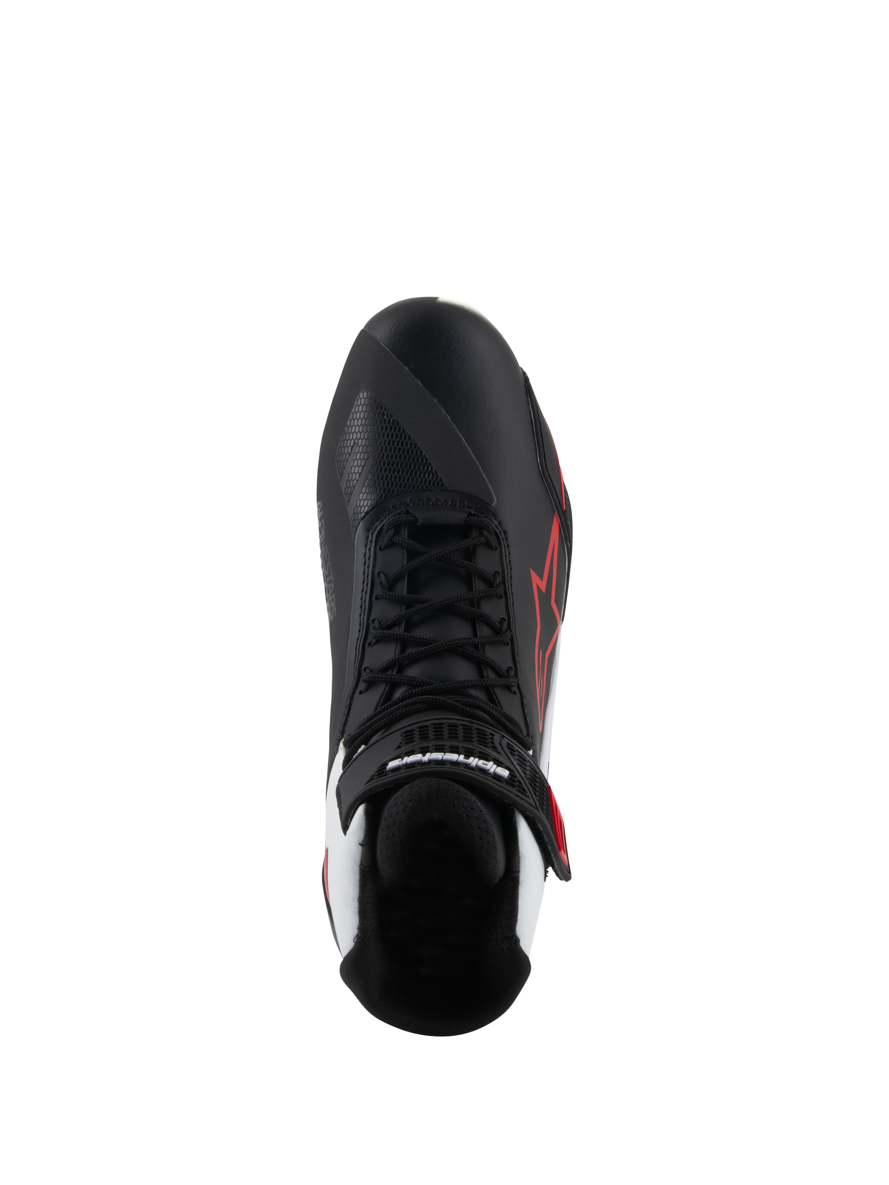 Alpinestars Faster-4 Shoes, Motorcycle Riding Shoes, Black White Red, top-down view featuring black laces and velcro ankle strap, red Alpinestars star logo on lateral side, white accents at the heel, asymmetric toe design for shifting.