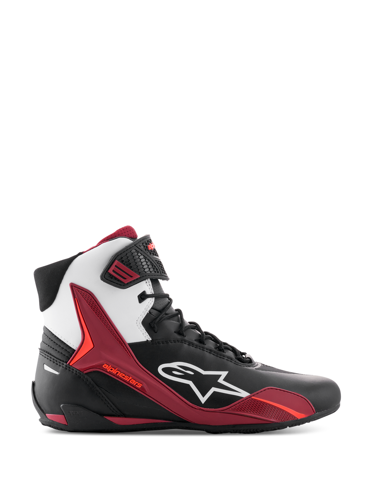 Alpinestars Faster-4 Shoes, High-Top Motorcycle Riding Shoes, Black White and Dark Red, side profile view featuring white Alpinestars logo and red TPU support panels, lace-up design with a sporty racing style, durable microfiber construction.