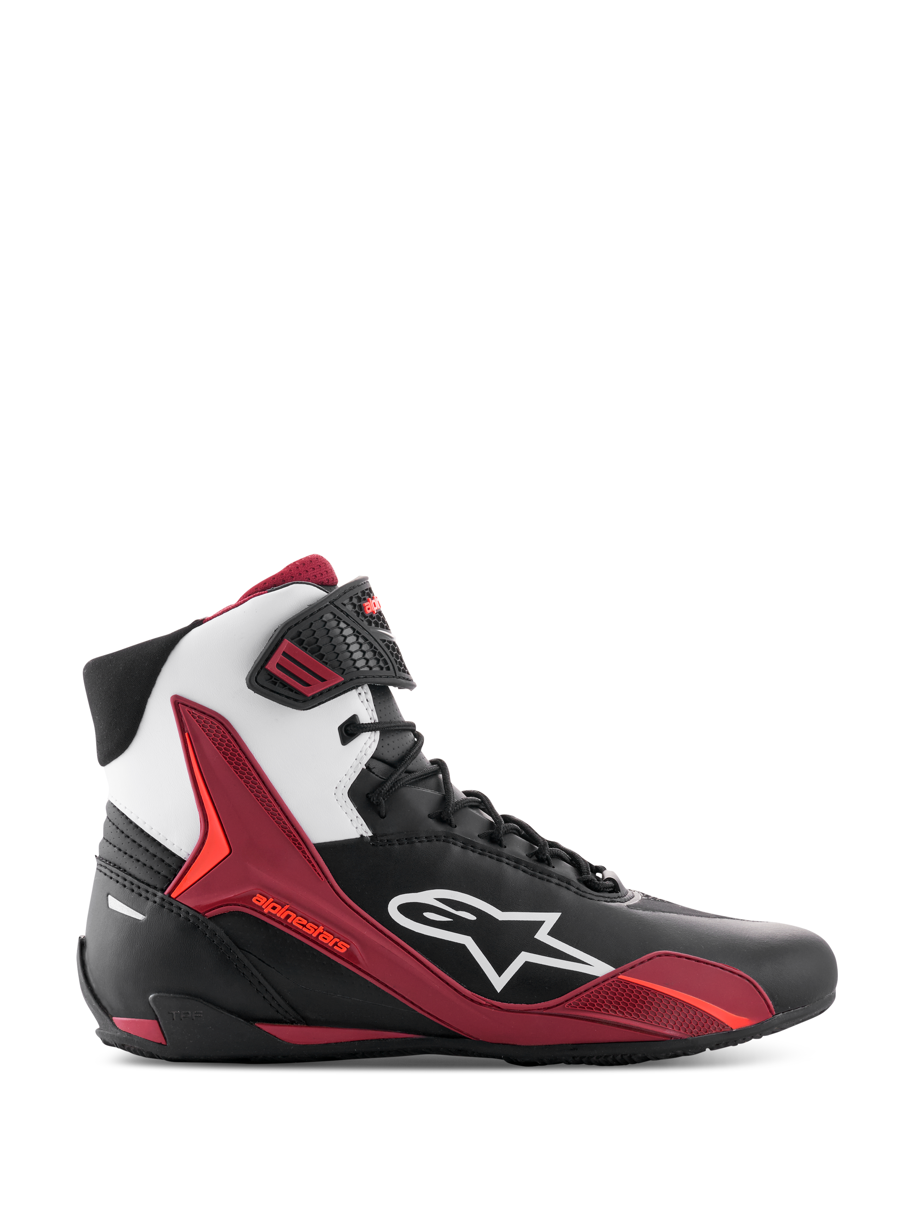 Zapatillas Alpinestars Faster-4, calzado de moto de caña alta, negro, blanco y rojo oscuro, vista de perfil lateral con el logotipo de Alpinestars en blanco y paneles de soporte de TPU rojos, diseño con cordones de estilo deportivo de carreras, construcción duradera de microfibra.
