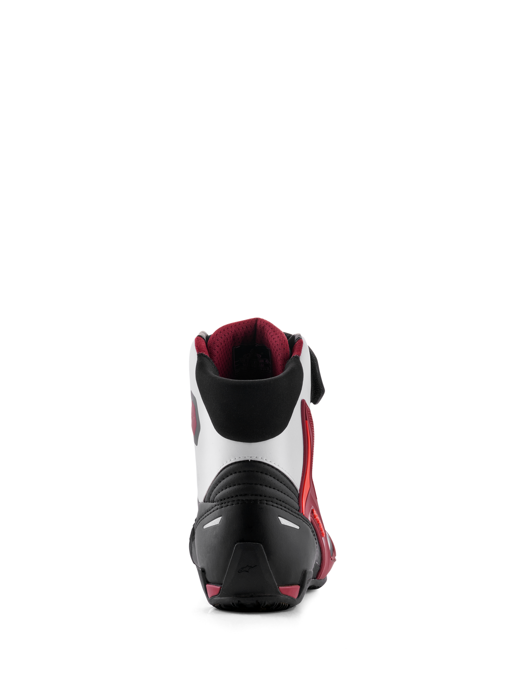 Alpinestars Faster-4 Shoes, zapatos para motociclismo, negro, blanco y rojo oscuro, vista trasera con contrafuerte de talón reforzado, soporte de tobillo de TPU y cuello textil suave, calzado de alto rendimiento para conducción en carretera
