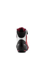Alpinestars Faster-4 Shoes, zapatos para motociclismo, negro, blanco y rojo oscuro, vista trasera con contrafuerte de talón reforzado, soporte de tobillo de TPU y cuello textil suave, calzado de alto rendimiento para conducción en carretera