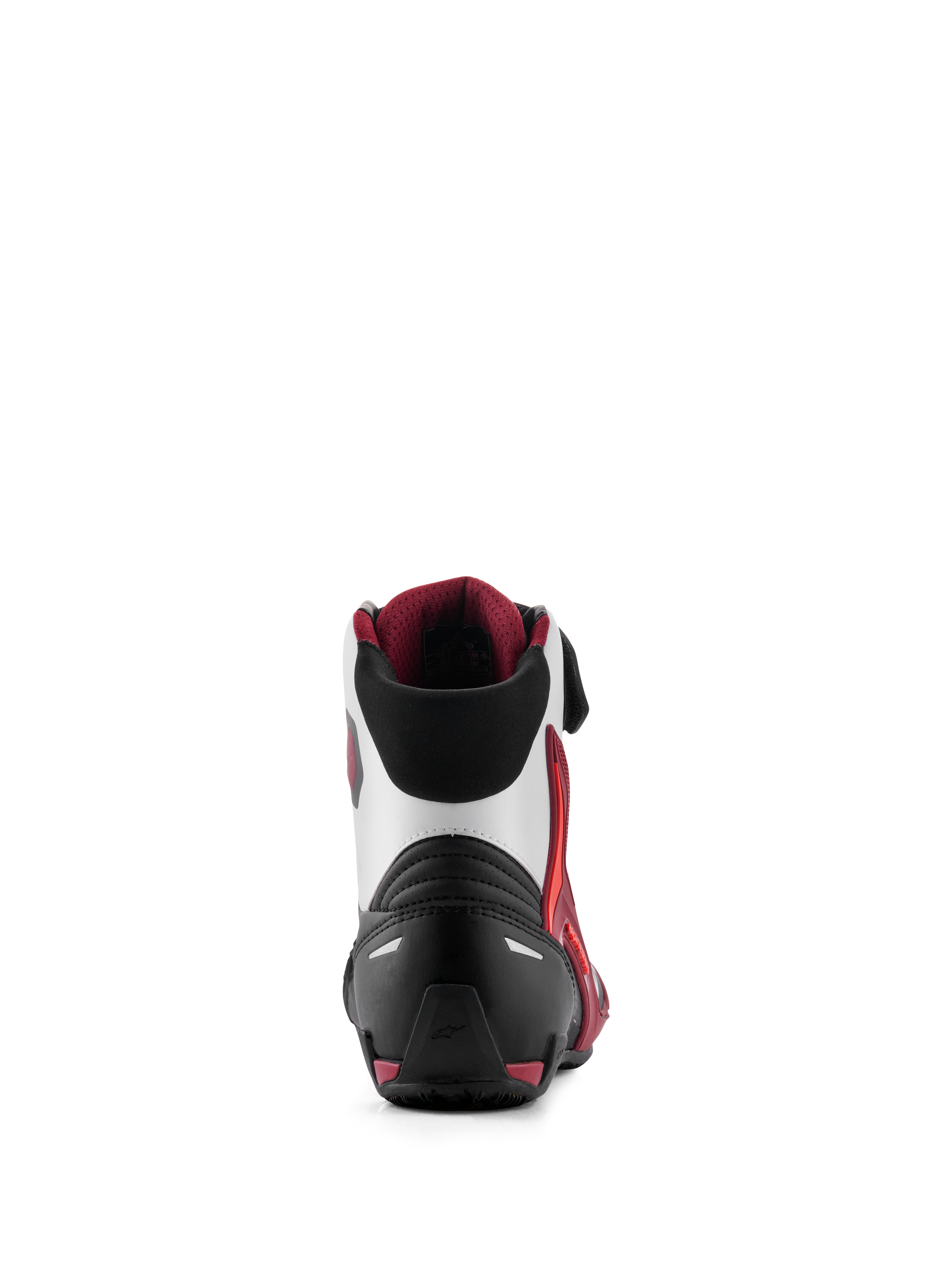 Alpinestars Faster-4 Shoes, zapatos para motociclismo, negro, blanco y rojo oscuro, vista trasera con contrafuerte de talón reforzado, soporte de tobillo de TPU y cuello textil suave, calzado de alto rendimiento para conducción en carretera
